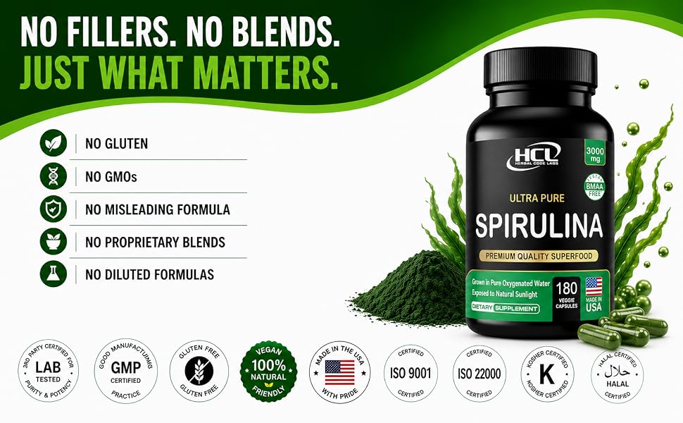 organic spirulina chlorella powder capsules plant protein hcl herbal code labs