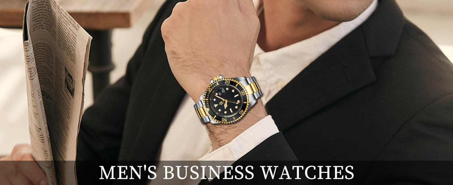 Mens Luxury Rotatable Bezel Sapphire Glass Luminous Quartz Silver Gold Two Tone Watch