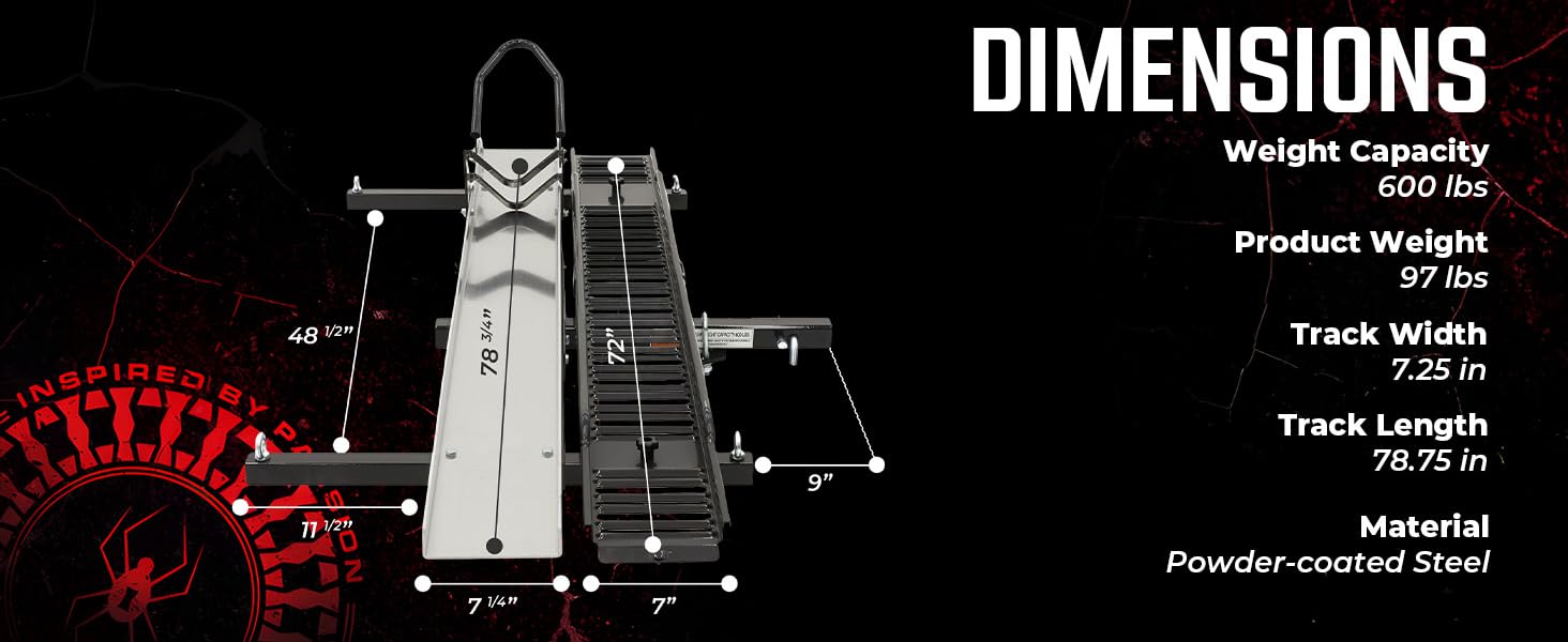 Diagram of motorcycle dolly with dimensions, weight, capacity, and aluminum material details.