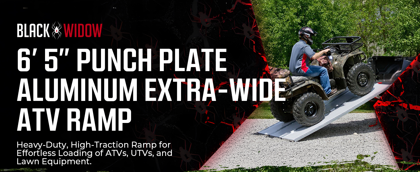 Black Widow 6.5-feet Punch Plate ATV ramp displayed on a ATV, showcasing its effortless loading.
