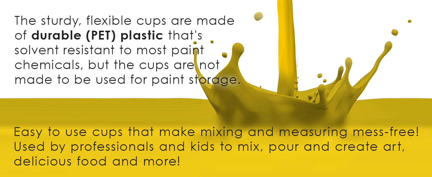 Durable PET paint mixing cups, solvent resistant, flexible, easy to mix and pour mess-free