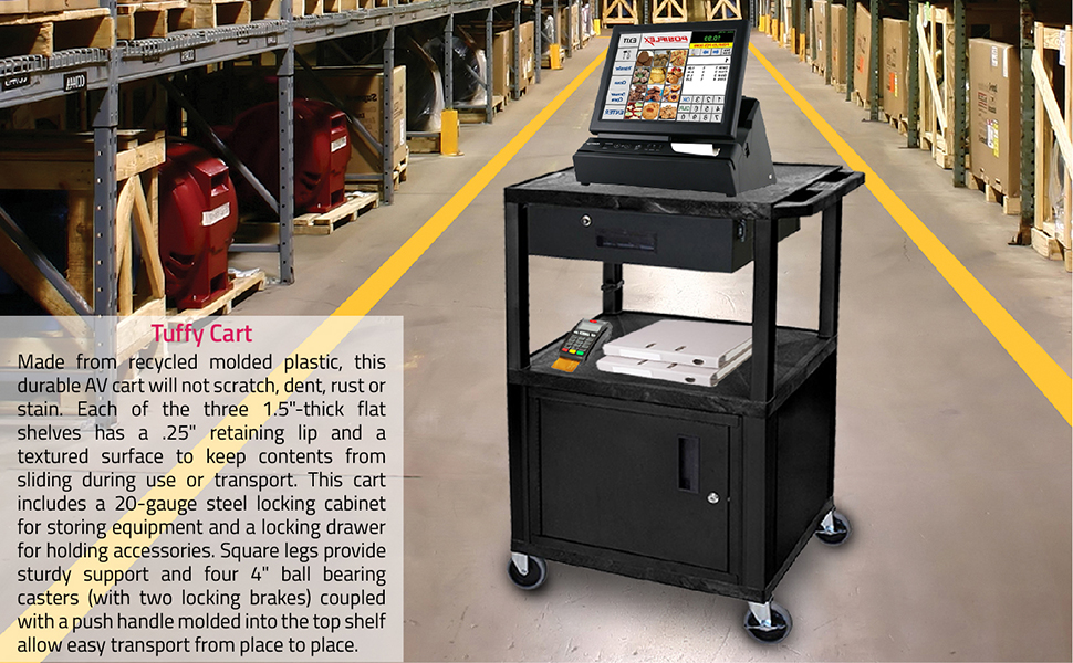 Luxor 42"H AV Cart - 3 Shelves, Cabinet, Drawer - Black