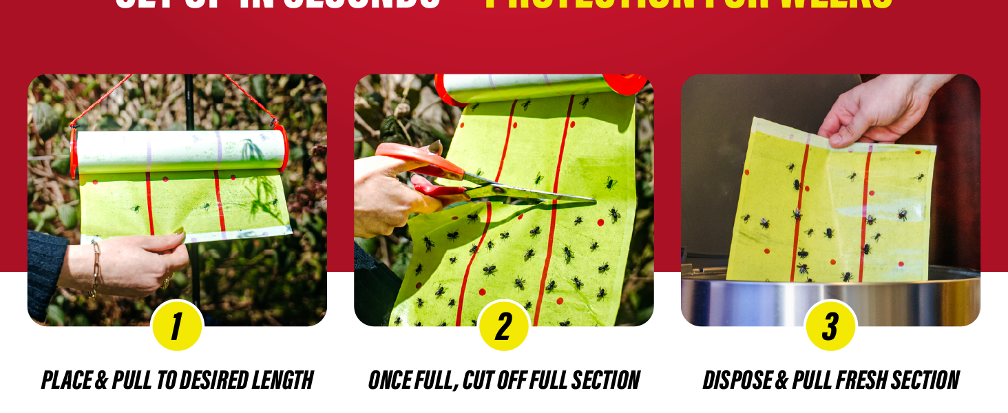 Giant fly trap setup steps showing hanging, cutting and disposing of glue sheet