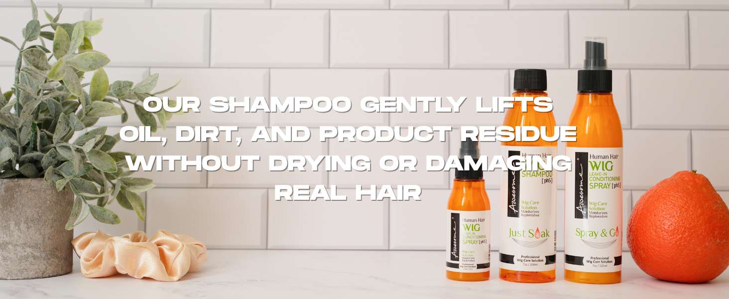 our shampoo gently lifts oil, dirt, and product residue without drying or damaging real hair