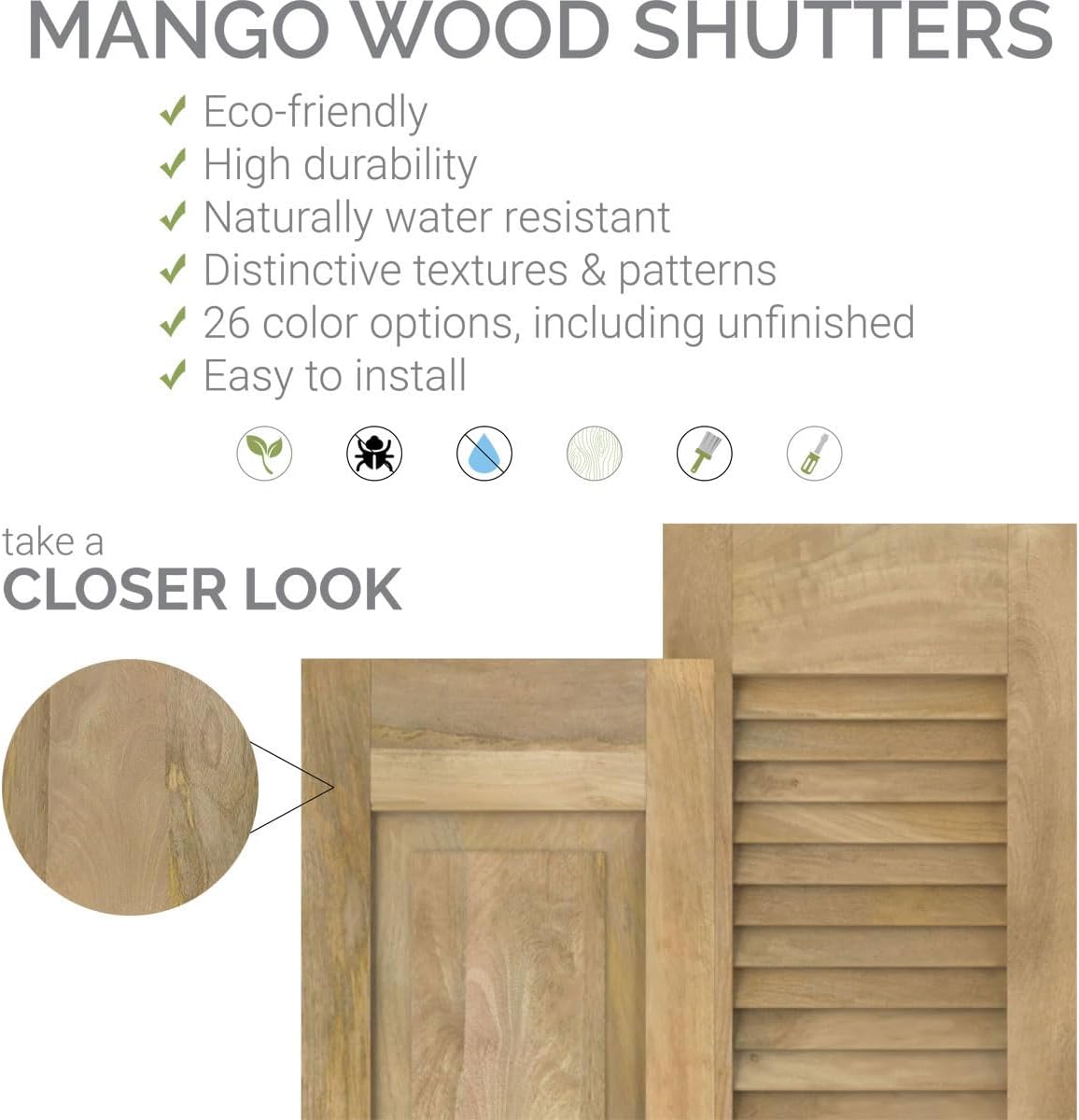 12"W x 72"H Americraft Two Equal Louver Exterior Real Wood Shutters (Per Pair), Unfinished