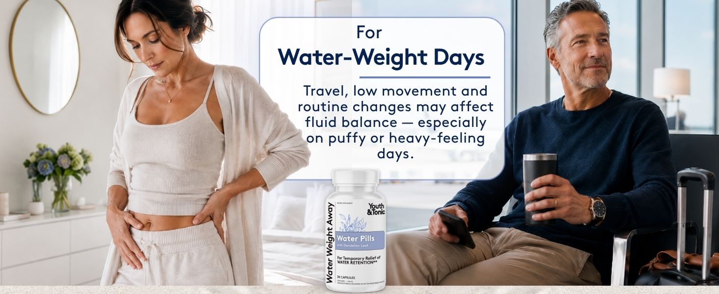 Bloated woman and man traveling, reduced movement routine changes temporary water-weight days.