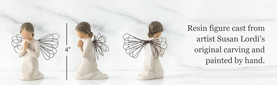 5”h hand-painted resin figure of angel in cream dress and wire wings, kneeling in prayer position.