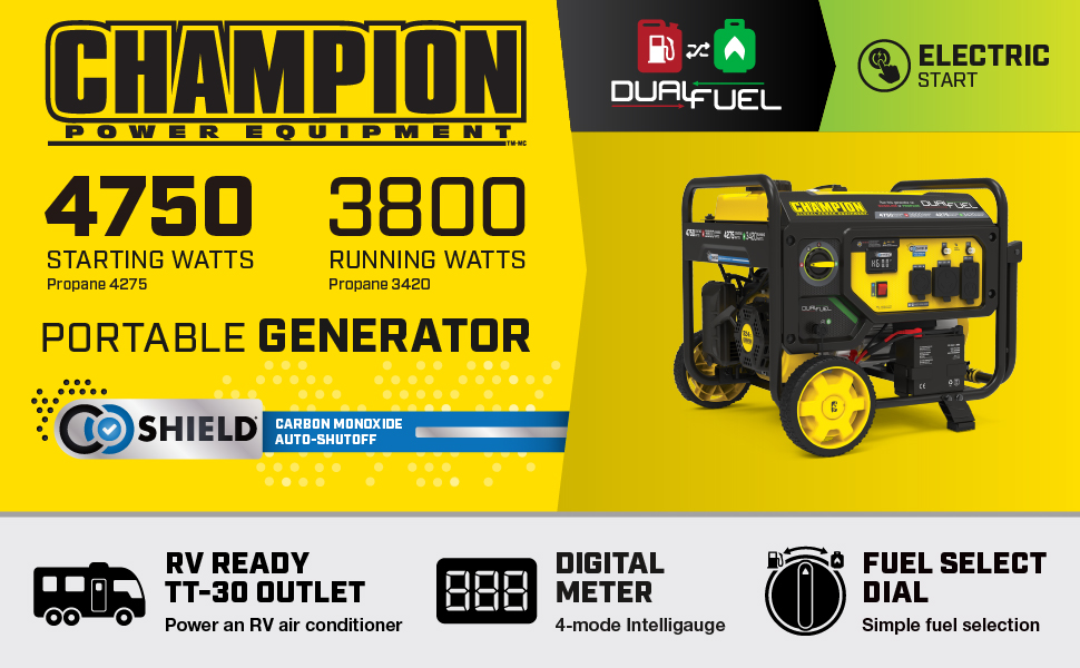 Champion 3800W Electric Start Dual Fuel Generator with CO Shield