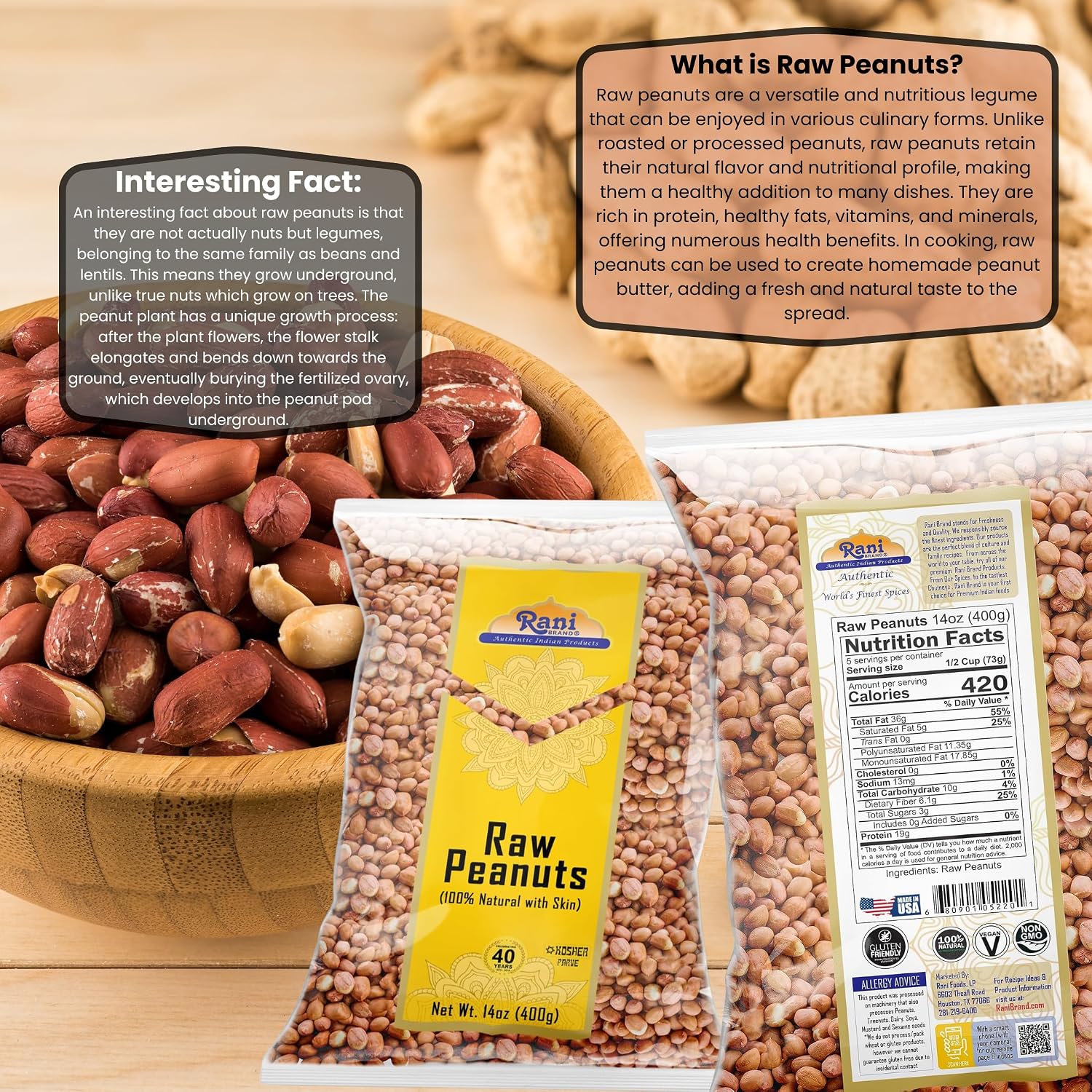 Rani Peanuts, Raw Whole With Skin (uncooked, unsalted) 14oz (400g) ~ All Natural | Vegan | Kosher | Gluten Friendly | Fresh Product of USA ~ Spanish Grade Groundnut/Red-skin