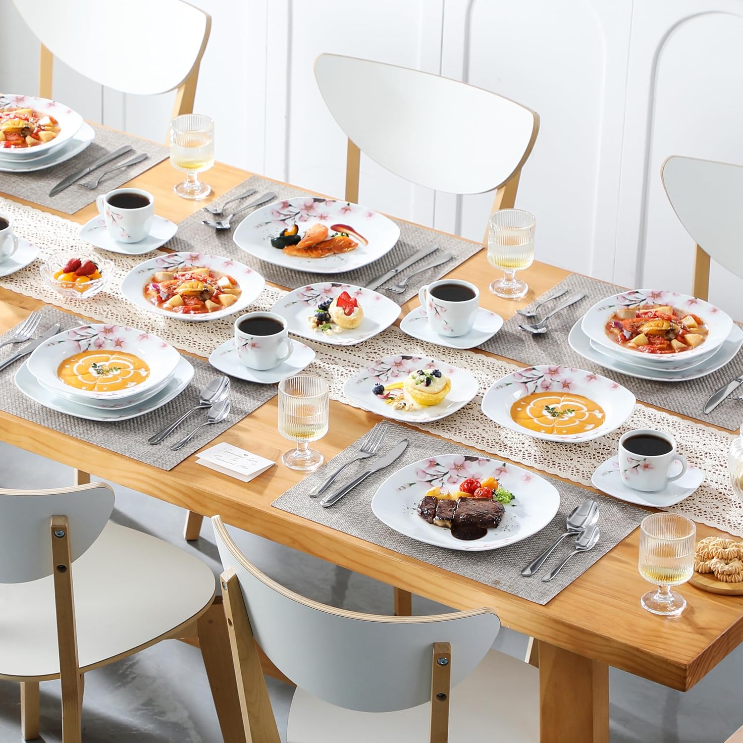 VEWEET 30 PCS Ceramic Dinnerware Sets for 6, Pink Floral Dish Set, ANNIE | Porcelain Dinner Set Including Dessert Plates, Soup Plates, Dinner Plates, Cups & Saucers, Microwave & Dishwasher Safe