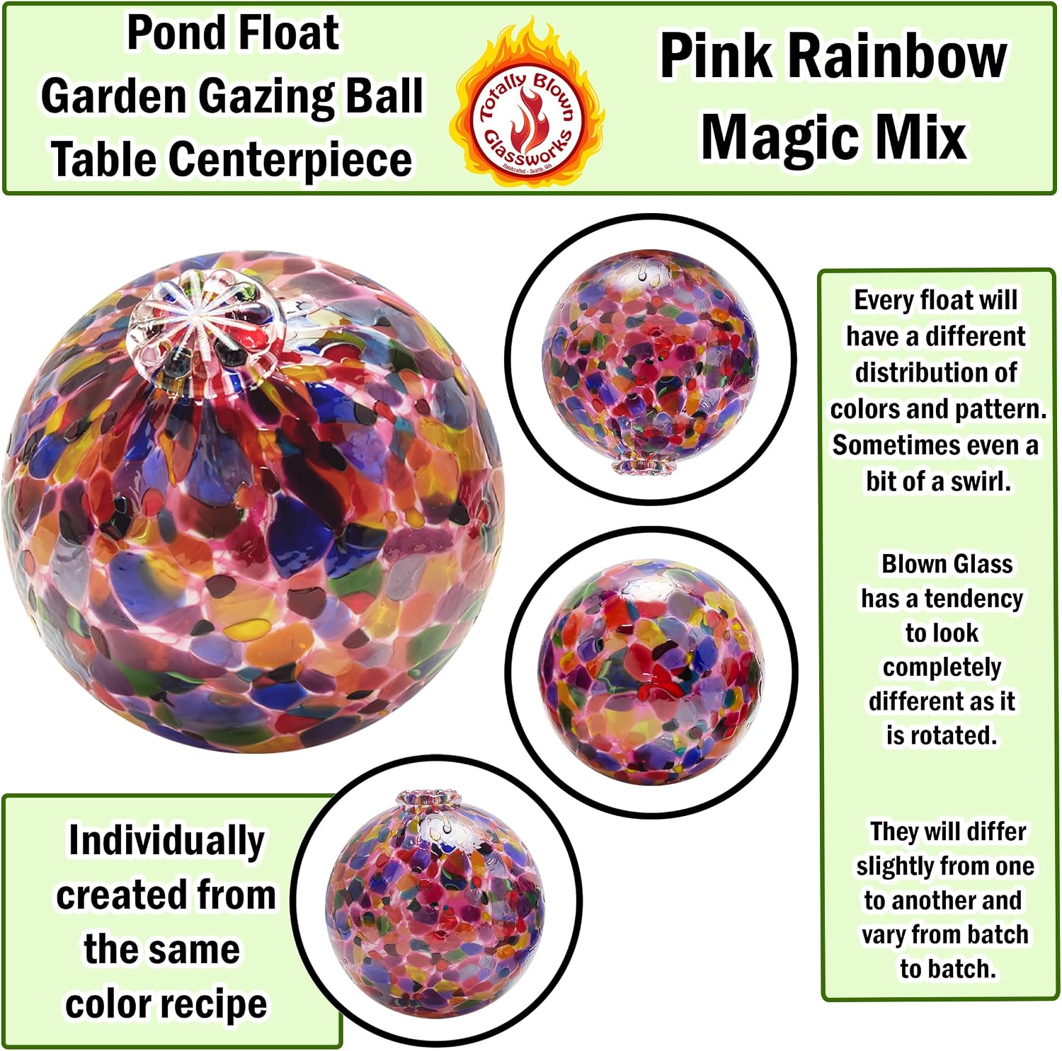 Totally Blown Glassworks Pond Float. Handmade Blown Glass, Garden Gazing Ball, Table Centerpiece
