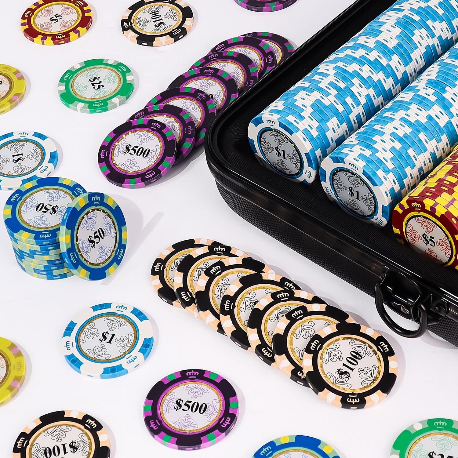 Versa Games Poker Chip Set - Casino Grade 13.5g Poker Chips, 7 Color Chip Denomination - 2 Decks of Cards, Dice