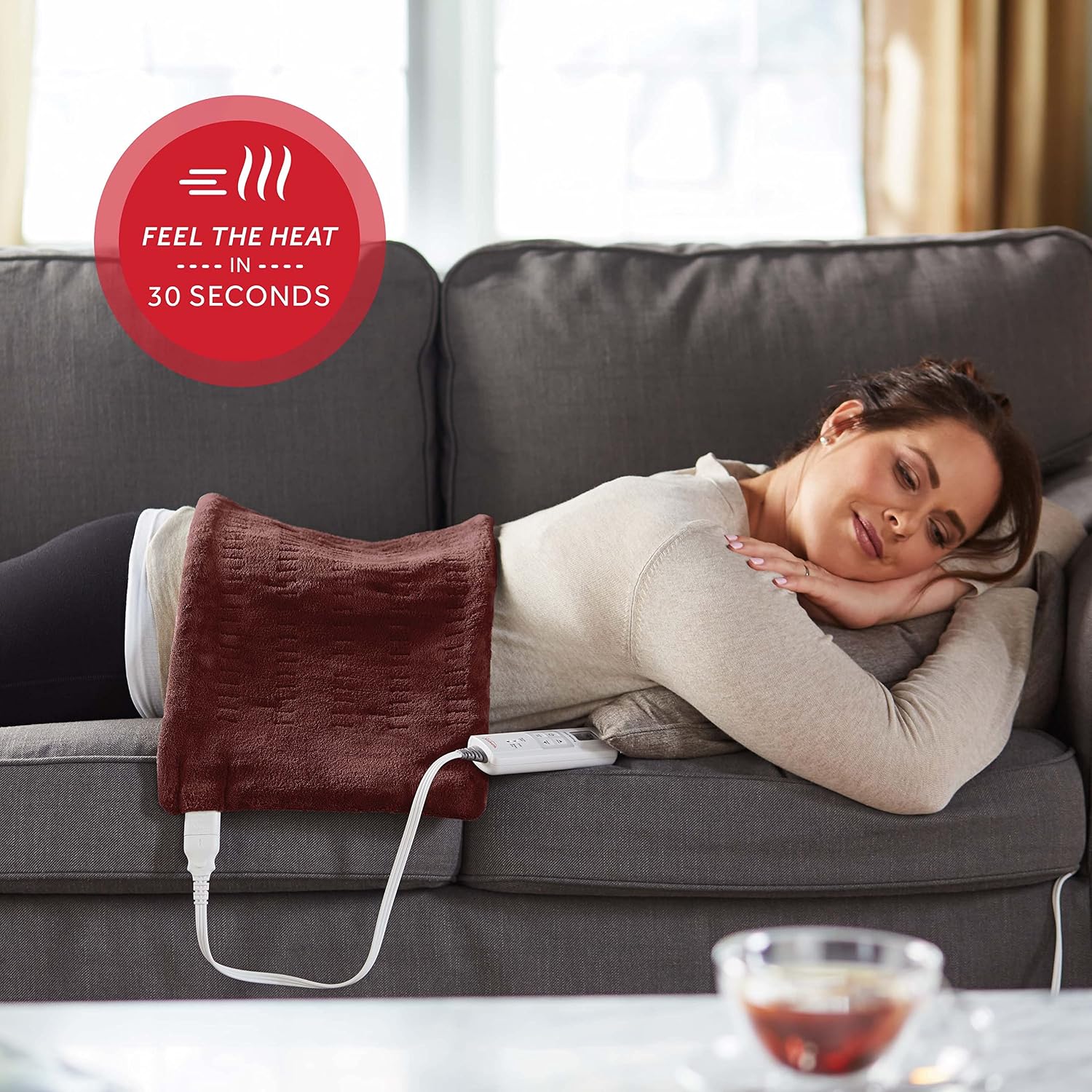 Sunbeam XL Back Neck and Shoulder Heat Therapy 12 x 24 with Auto Shut Off 6 Settings Machine-Washable Comfortable Microplush Fabric - Burgundy