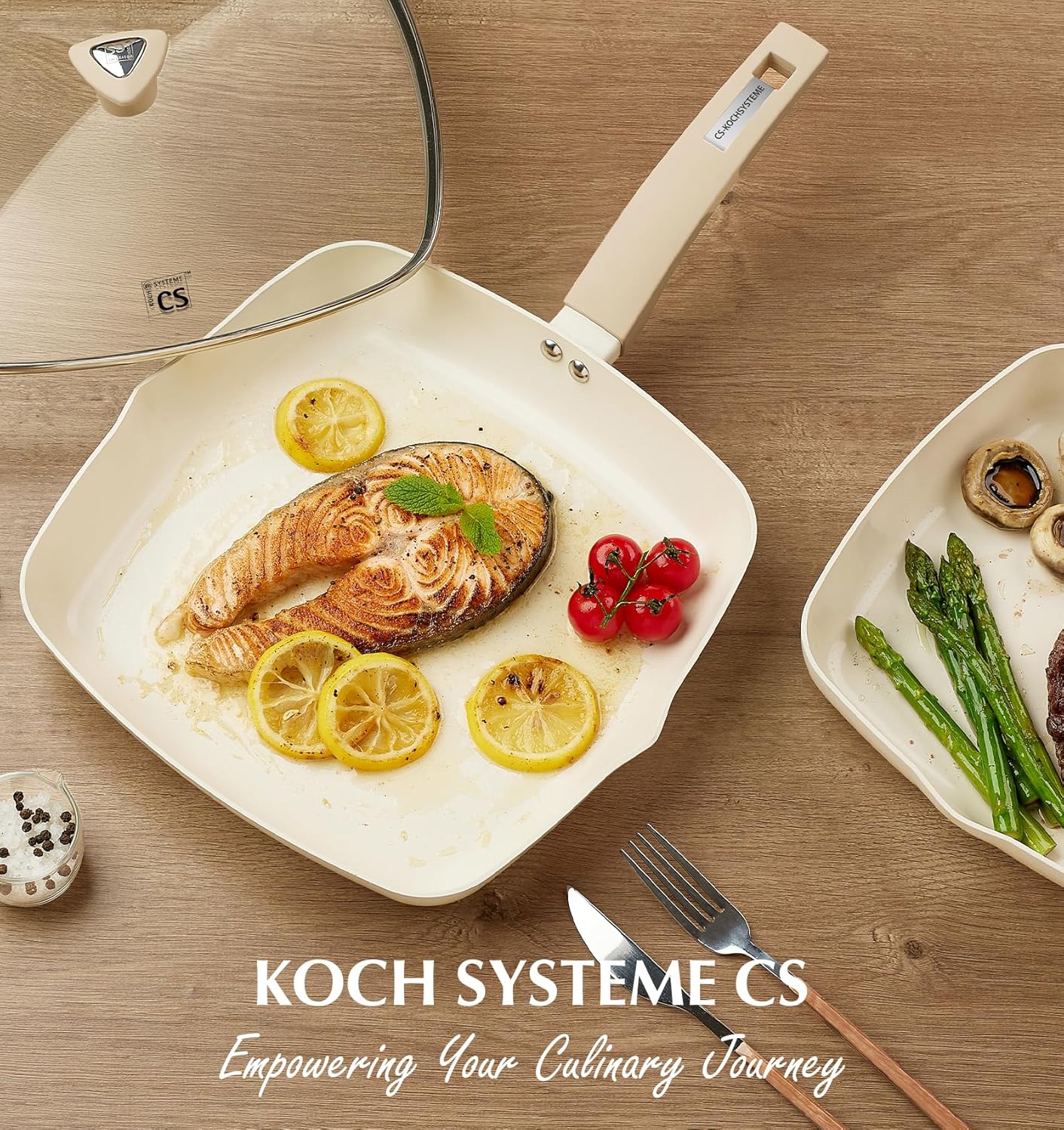 KOCH SYSTEME CS 9.5 Inch Nonstick Grill Pan for Stove Tops, Marble Coating Square Grill Skillet with Lid, Fry Pan Compatible with all Stoves