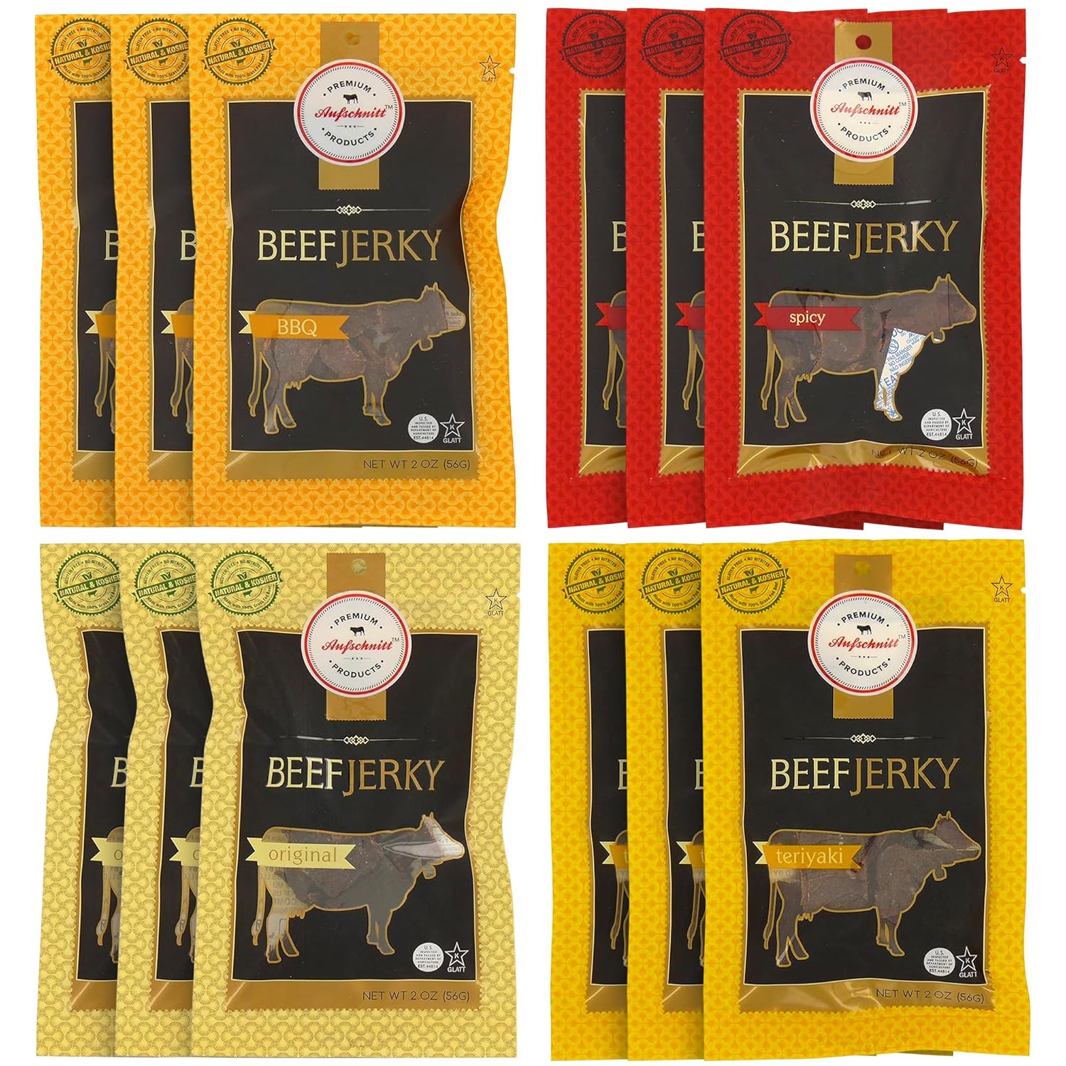 Aufschnitt Grass Fed Beef Jerky - Low Sodium, Certified Kosher - Made in USA - Keto Friendly - 3 Pack, Sweet Variety