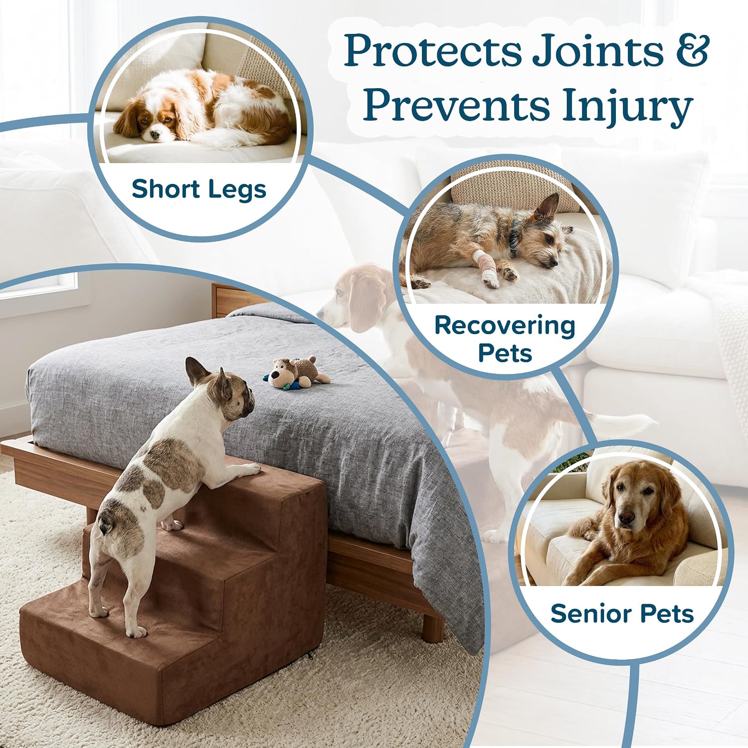 3-Step Pet Stairs - Nonslip Foam Dog and Cat Steps with Removable Zippered Microfiber Cover - 2-Tone Design for Home or Vehicle Use by PETMAKER (Tan) | 3-Step Pet Steps for High Bed and Couch - Pet Stairs with Nonslip Bottom, High-Density Foam, and Remov…