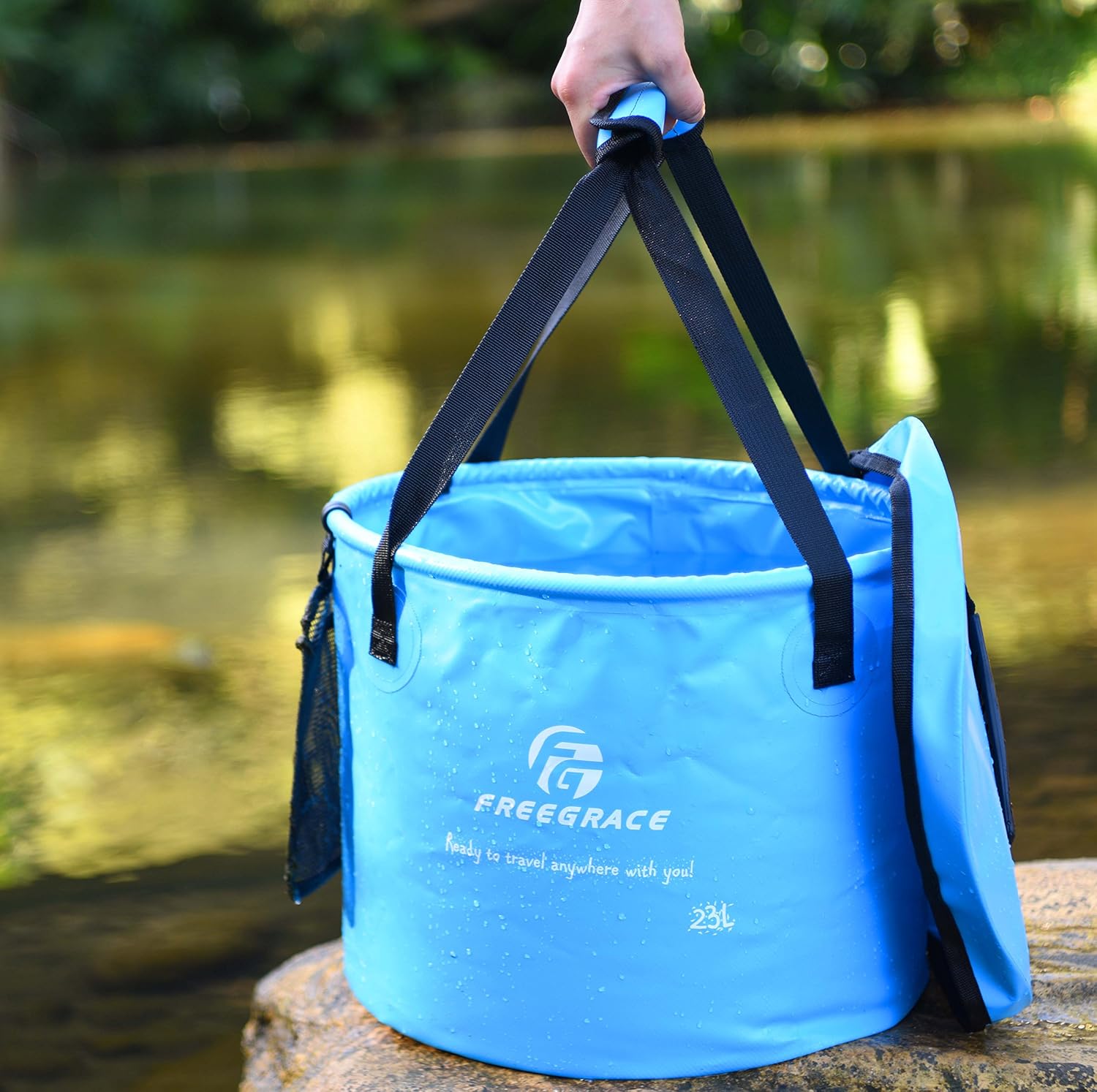Freegrace Collapsible Bucket with Mesh Tool Pocket - 10L, 16L & 23L Portable Folding Water Container - Heavy Duty 500D Tarpaulin, BPA-Free Wash Basin for Camping, Fishing, RV, and Car Washing