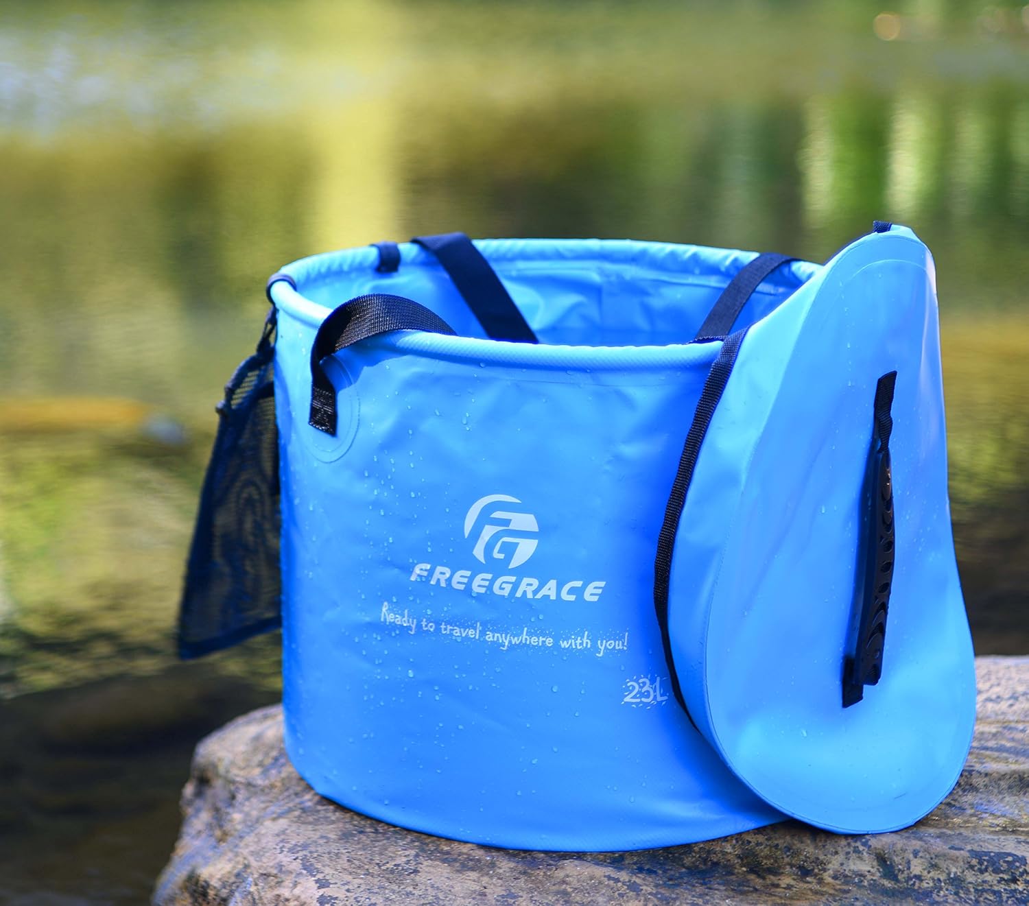 Freegrace Collapsible Bucket with Mesh Tool Pocket - 10L, 16L & 23L Portable Folding Water Container - Heavy Duty 500D Tarpaulin, BPA-Free Wash Basin for Camping, Fishing, RV, and Car Washing