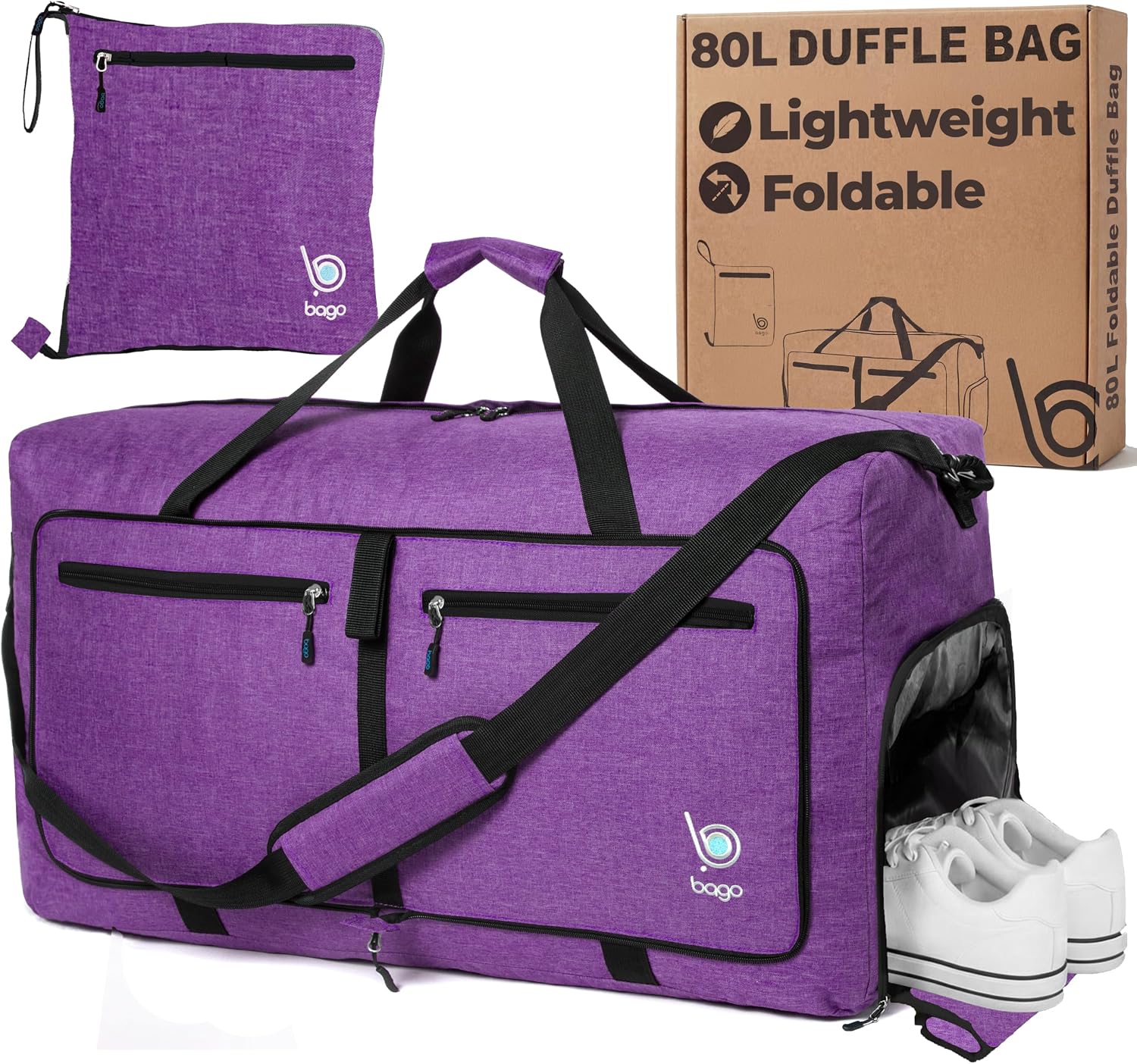 Bago Large Duffle Bag for Travel Women & Men. Durable Lightweight Foldable Travel Duffel Bags For Traveling Women. 80L Duffle Bags For Overnight Bag With Shoe Compartment Collapsible Weekender duffel