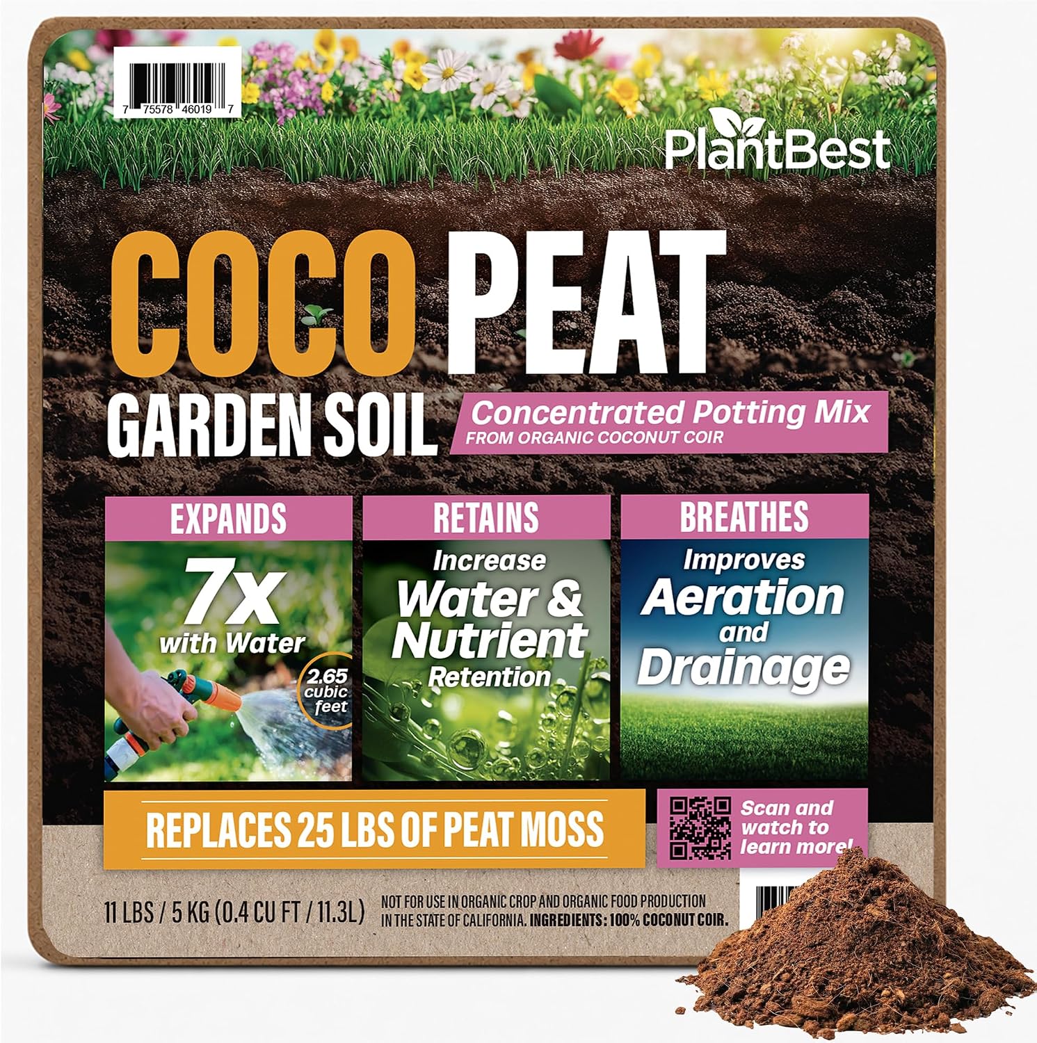 PlantBest 11 lb Compressed Coconut Coir Block - Expands to 79 Quarts