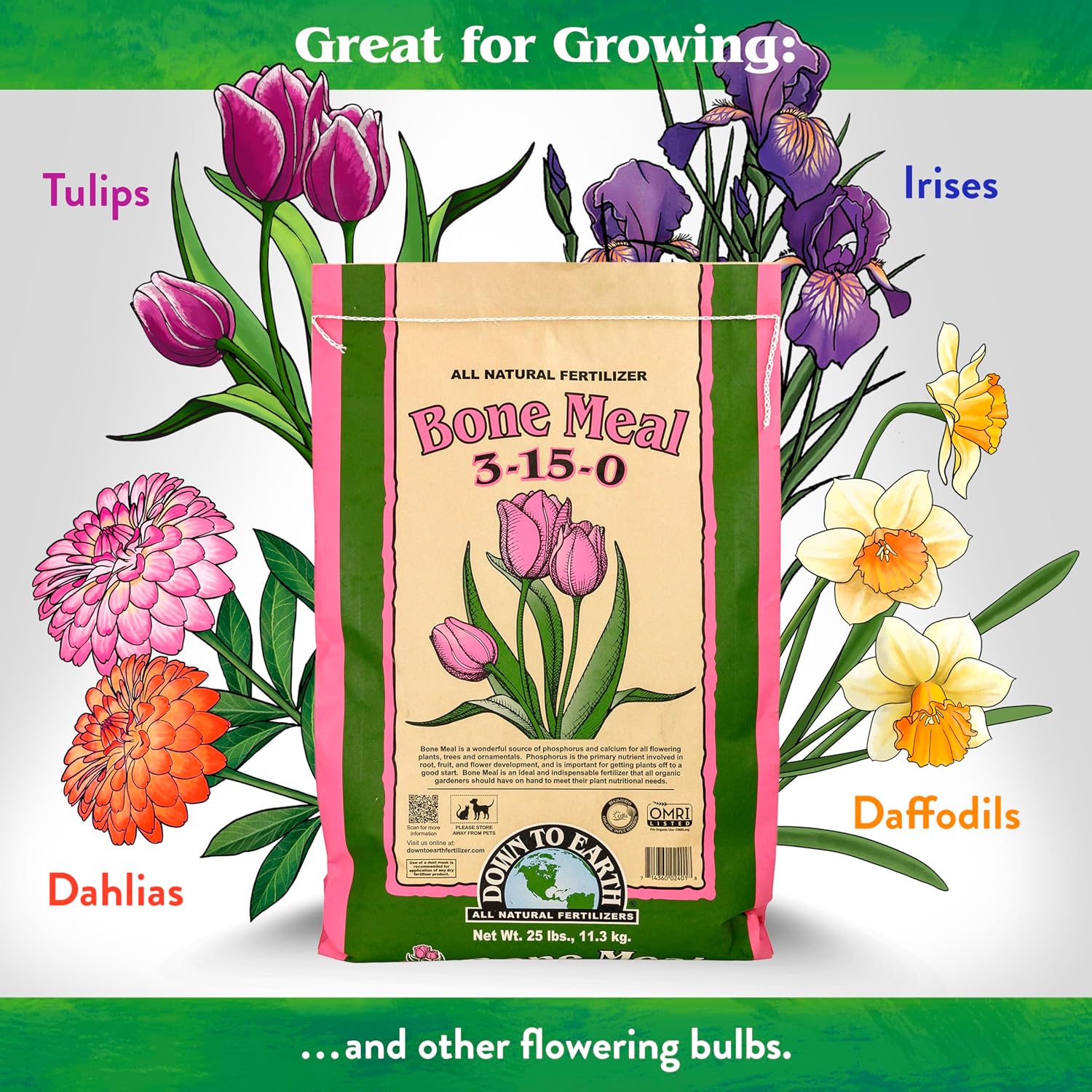 Down To Earth All Natural Fertilizers Organic Bone Meal - 3-15-0, 25 lb | High Phosphorus Plant Food for Buds, Bulbs, Blooms, Flowers, Onions, Garlic