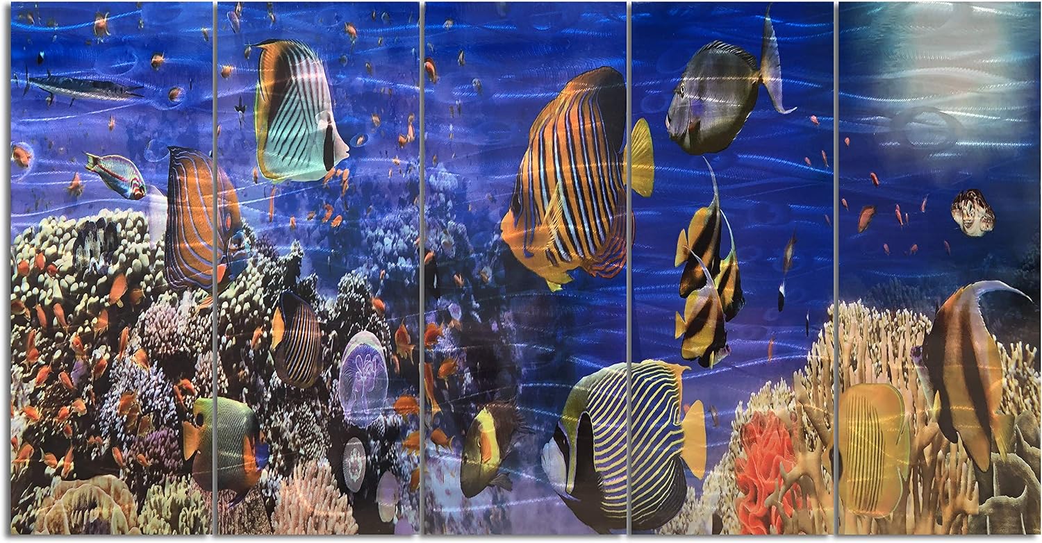 Yihui Arts Handcrafted 3D Metal Wall Art - Ocean Wave Sculpture, 5 - Panel Aluminum Decor for Living Room, Bedroom & Office