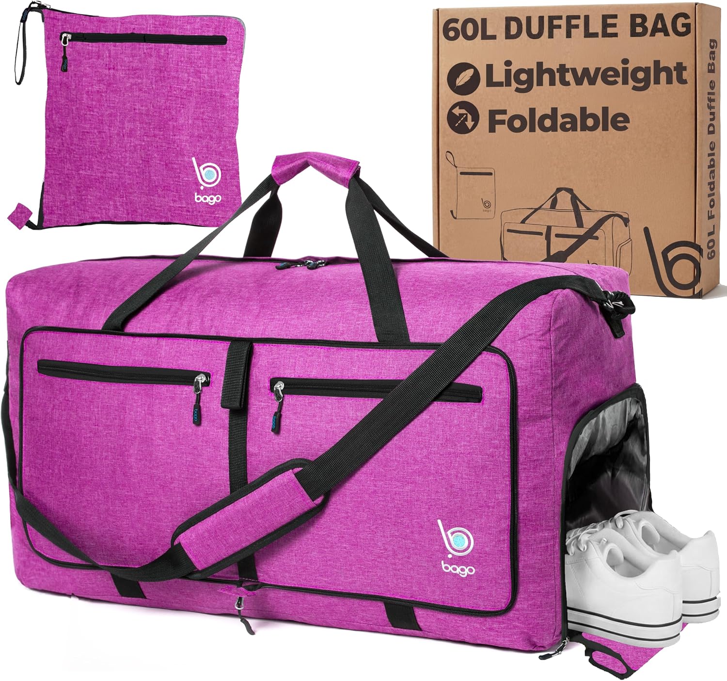 Bago Large Duffle Bag for Travel Women & Men. Durable Lightweight Foldable Travel Duffel Bags For Traveling Women. 80L Duffle Bags For Overnight Bag With Shoe Compartment Collapsible Weekender duffel