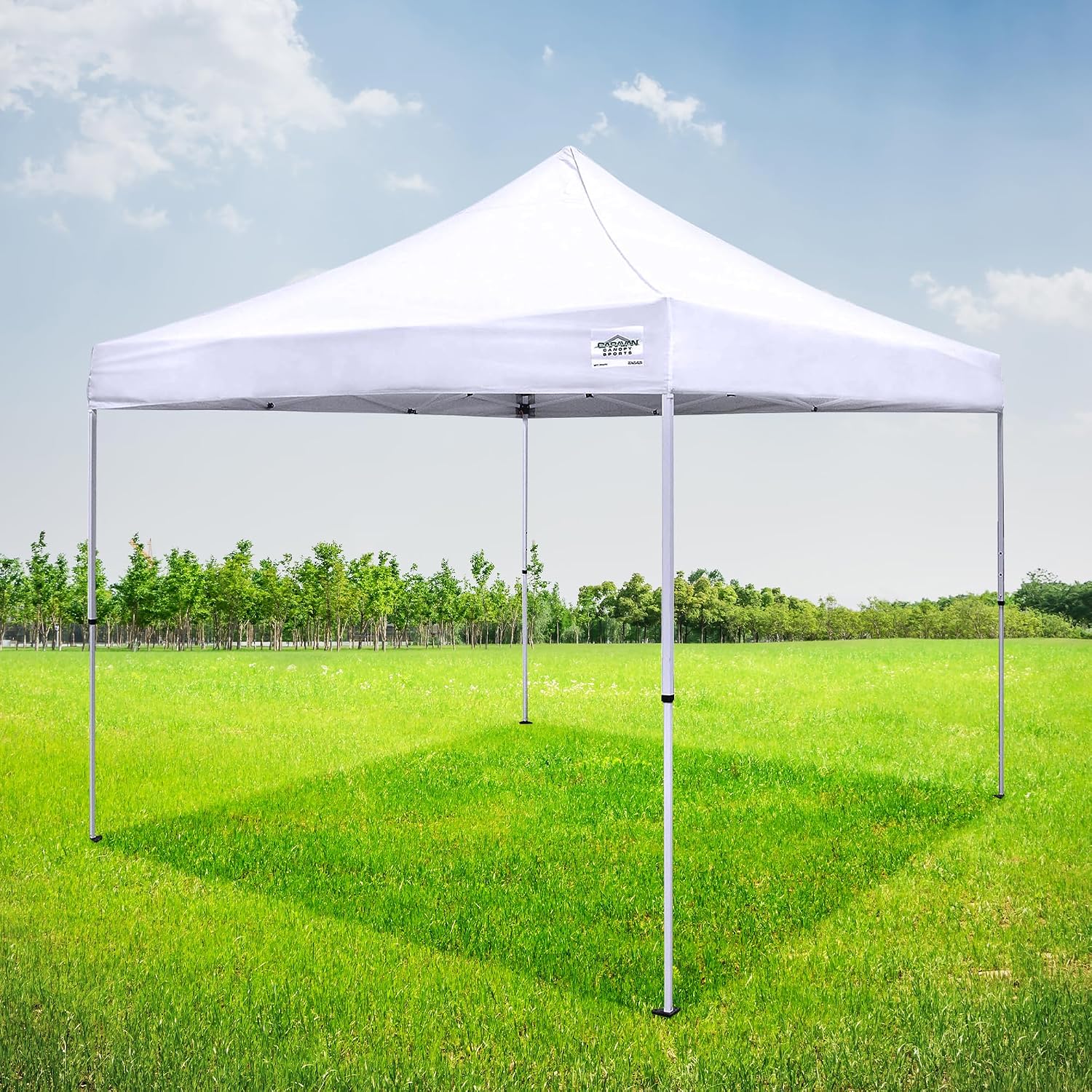 Caravan Canopy 12 by 12 Foot Polyester Straight Steel Leg Instant Pop Up Canopy Tent with Adjustable Height for Outdoor Events, Blue | 150D polyester top with 99 percent UV protection, 3 height settings to 9 ft, steel frame, roller bag and 4 stakes