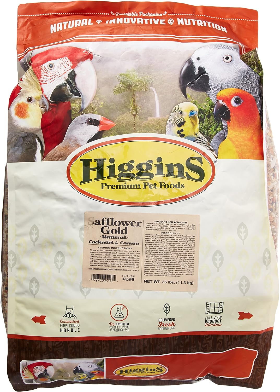 Higgins 466125 Safflower Gold Natural Food For Conure/Cockatiel, 25-Pound