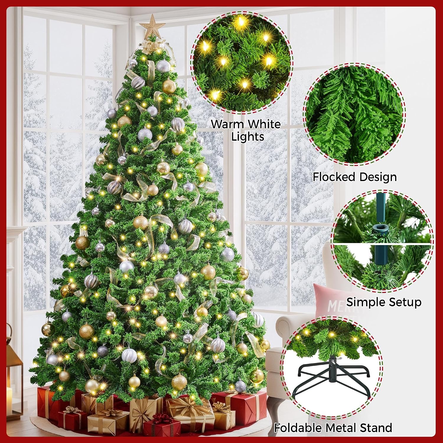 Yaheetech 7.5ft Pre-Lit Snow Flocked Artificial Christmas Tree, 550 Lights
