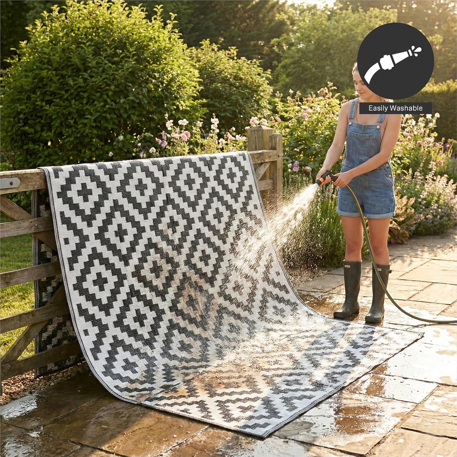 FH Home Outdoor Camping Rug - Waterproof, Fade Resistant, Reversible - Premium Recycled Plastic - Striped - Large Patio, Deck, Sunroom