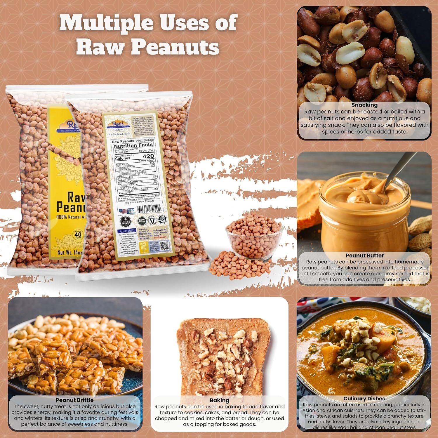 Rani Peanuts, Raw Whole With Skin (uncooked, unsalted) 14oz (400g) ~ All Natural | Vegan | Kosher | Gluten Friendly | Fresh Product of USA ~ Spanish Grade Groundnut/Red-skin