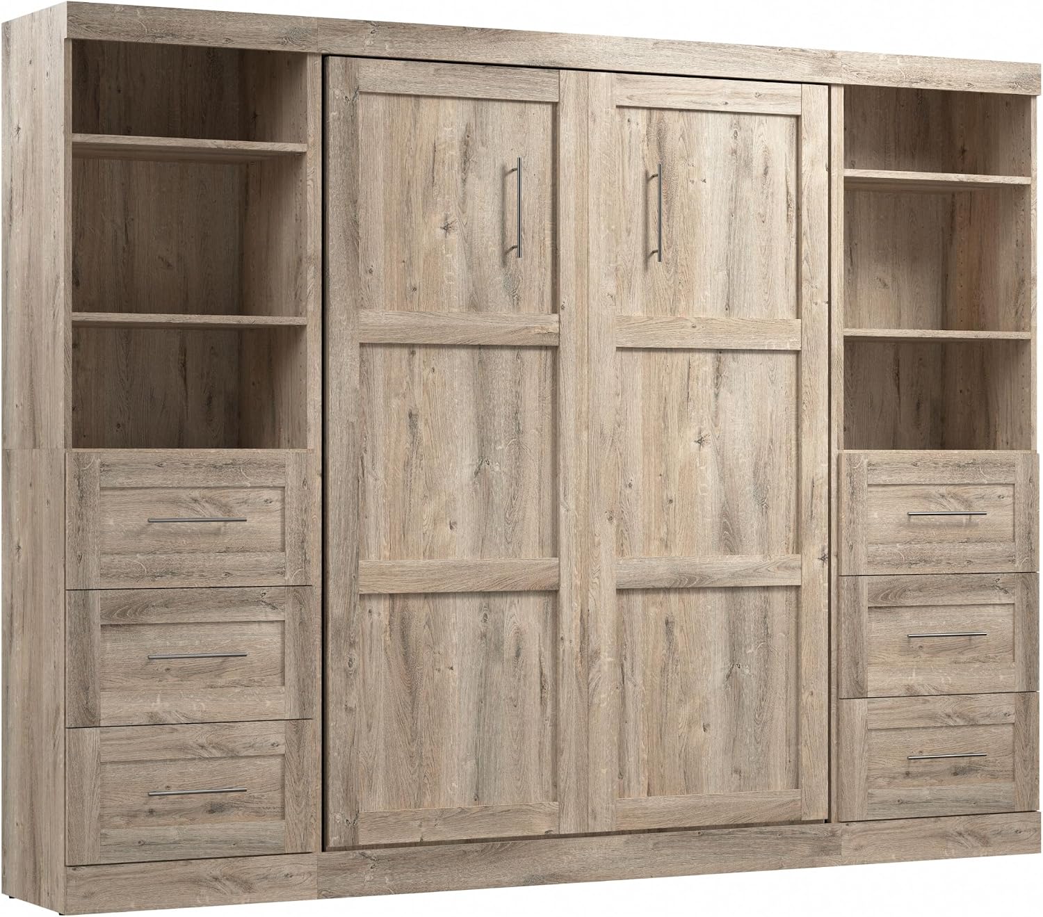Bestar Pur Full Murphy Bed and 2 Shelving Units with Drawers, 109-inch Space-Saving Sleeping Arrangement in White | 2 Shelving Units with Drawers; supports up to 1000 lb; min. ceiling height 86.4 in.; dual piston mechanism; 10-year warranty