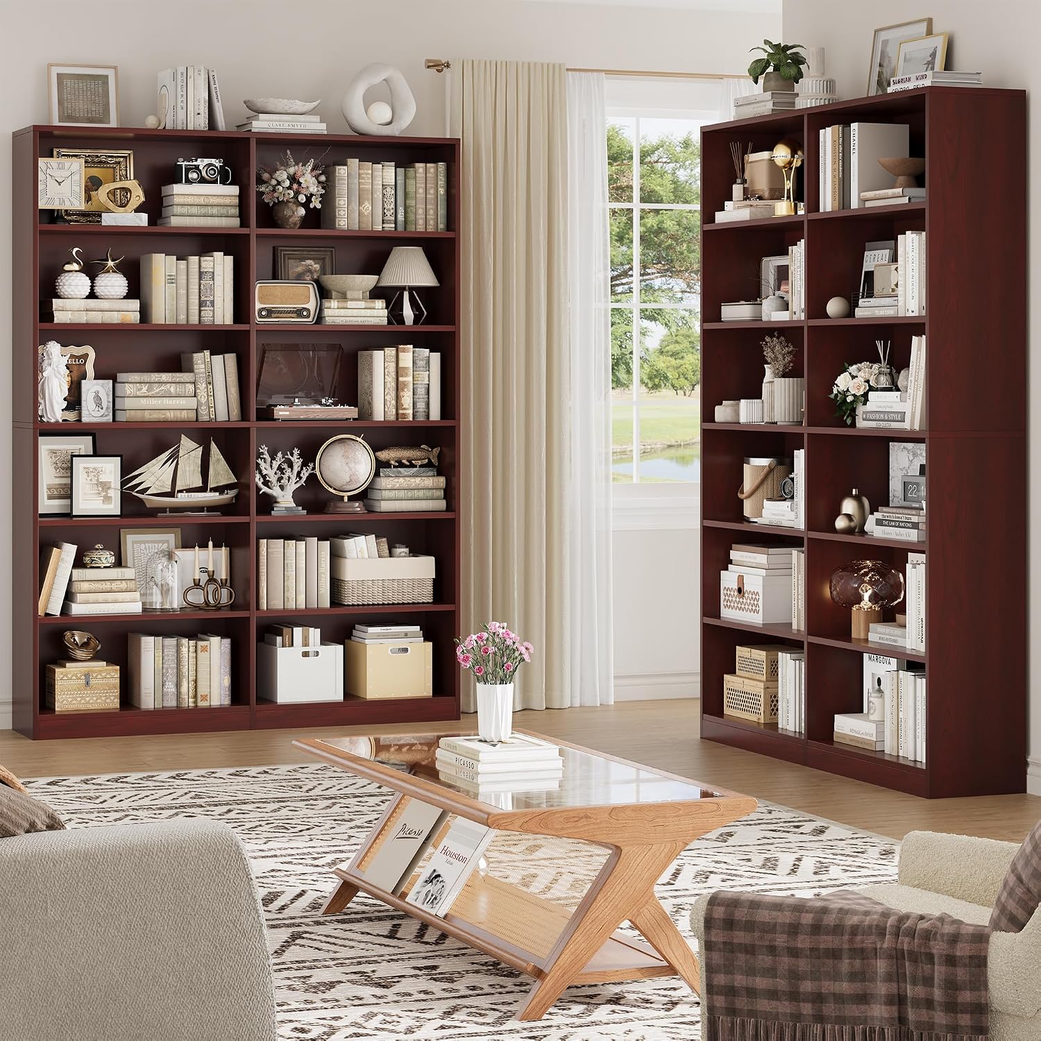 Bookshelf Tall Bookcase, 6-Tier Double Wide Bookshelves, White | Freestanding Display Storage Shelves, Tall and Large Book Shelves for Home Decor Bedroom, Living Room, Home Office, Library