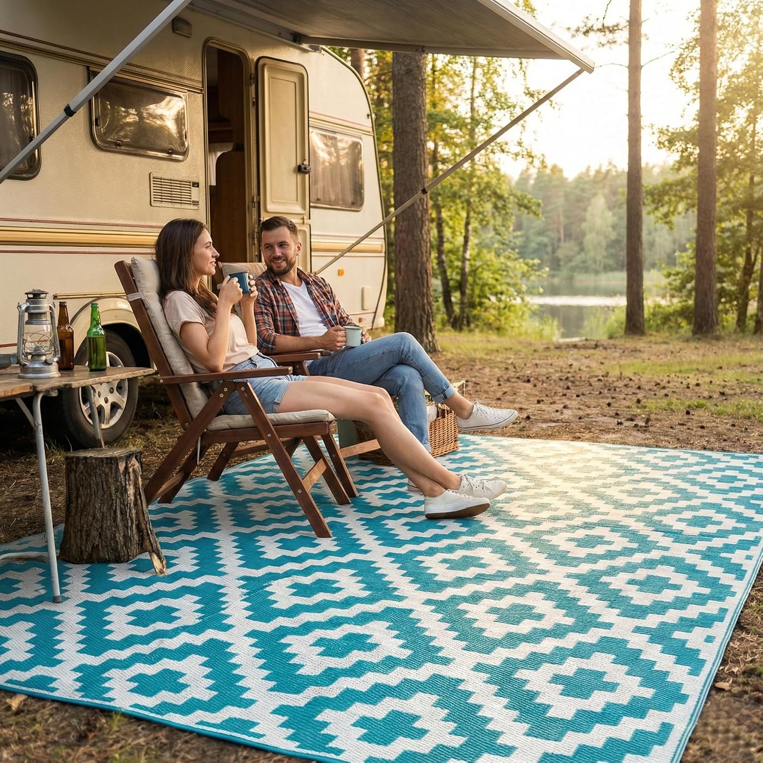 FH Home Outdoor Camping Rug - Waterproof, Fade Resistant, Reversible - Premium Recycled Plastic - Striped - Large Patio, Deck, Sunroom