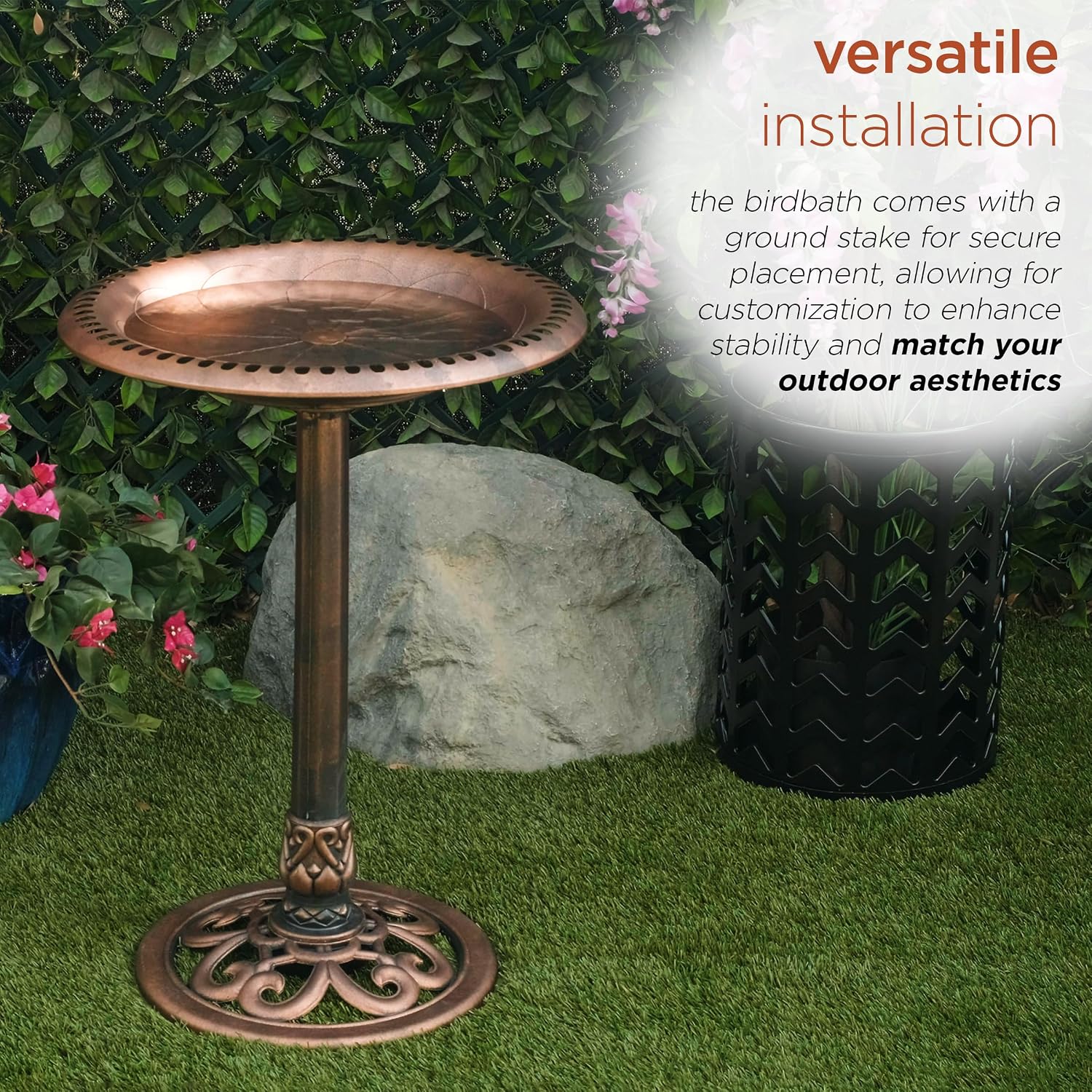 Alpine Corporation TEC116 Outdoor Aged Green Pedestal Birdbath with Scrollwork, 28" Tall, Green