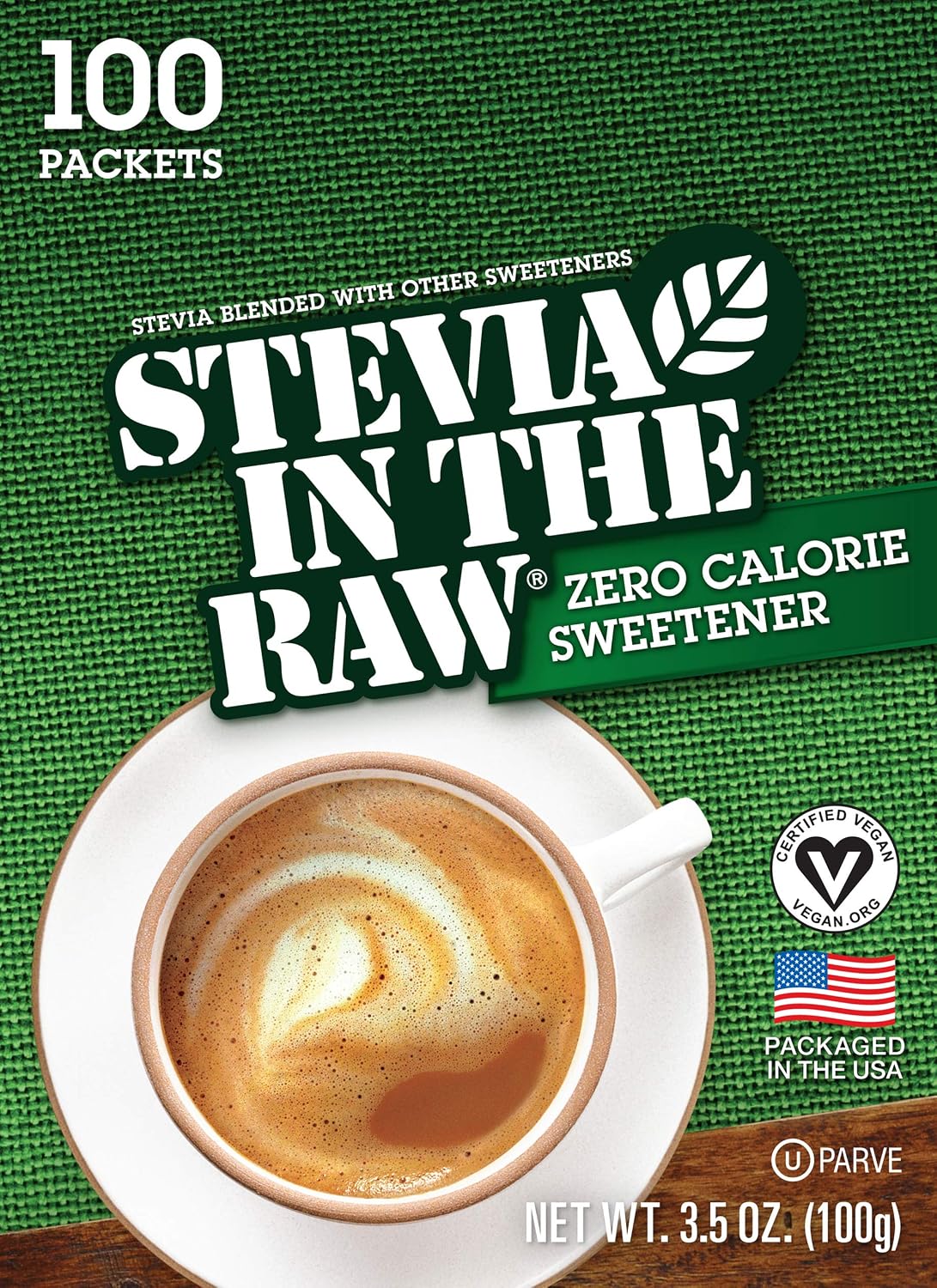 Stevia In The Raw, Plant Based Zero Calorie, No Erythritol, Sugar Substitute, Sugar-Free Sweetener for Coffee, Hot & Cold Drinks, Suitable For Diabetics, Vegan, Gluten-Free, 100Count Packets (1 Pack)