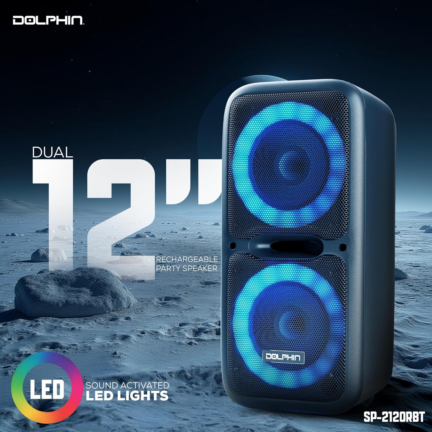 Dolphin Bluetooth Party Speaker with Wired Microphone, Dual 12" Woofers | 5-Band EQ, Hi-Fi Amplifier, Multicolor LED Lights, USB & AUX Playback
