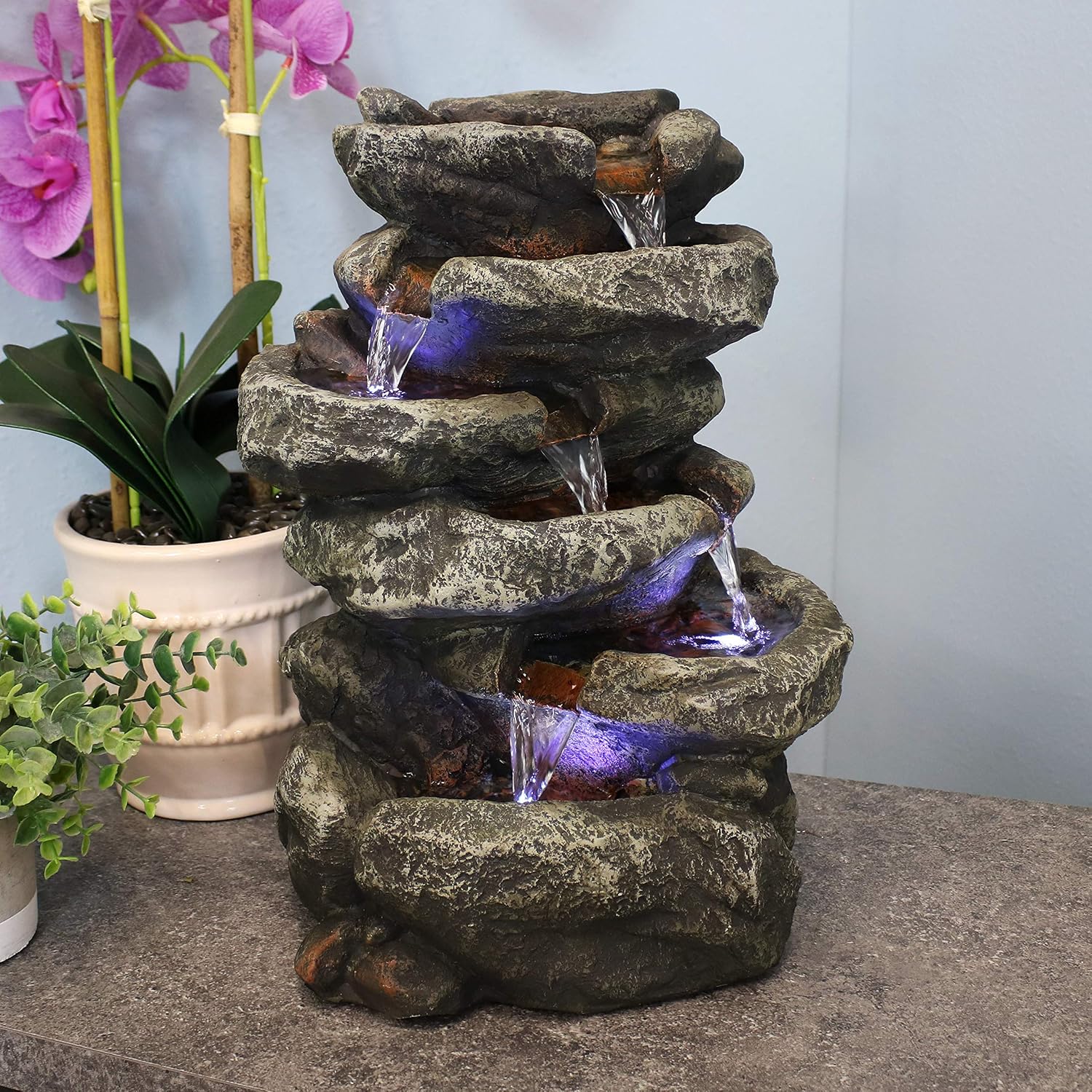 Sunnydaze 15" 6-Tier Tabletop Water Fountain with LED Lights, Stone Falls | Indoor Tabletop Fountain, Calming Sounds