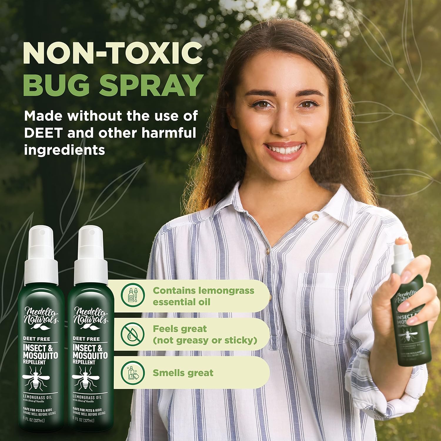 Deet-Free Insect & Mosquito Repellent – Nice Smelling, Pack of 2 (8 oz) | Insect Repellent with Lemongrass Oil Safe for Pets and Kids – Bug Spray for Mosquitoes, Gnats, Black Flies, and No-See-ums