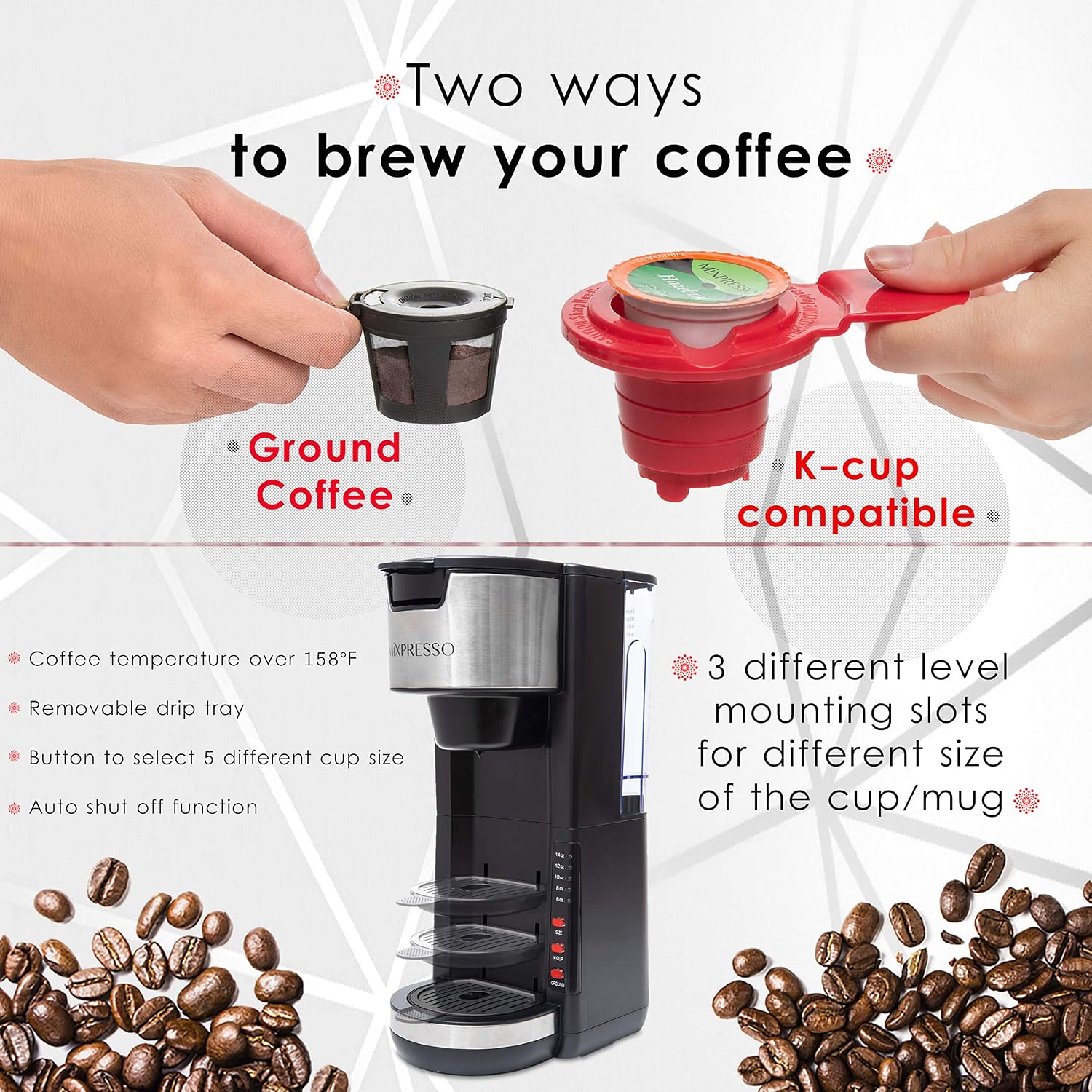Mixpresso Black Single Serve Coffee Brewer K-Cup Pods Compatible & Ground, 30 oz Compact Coffee Maker Single Serve With 5 Brew Sizes Up To 14 Oz