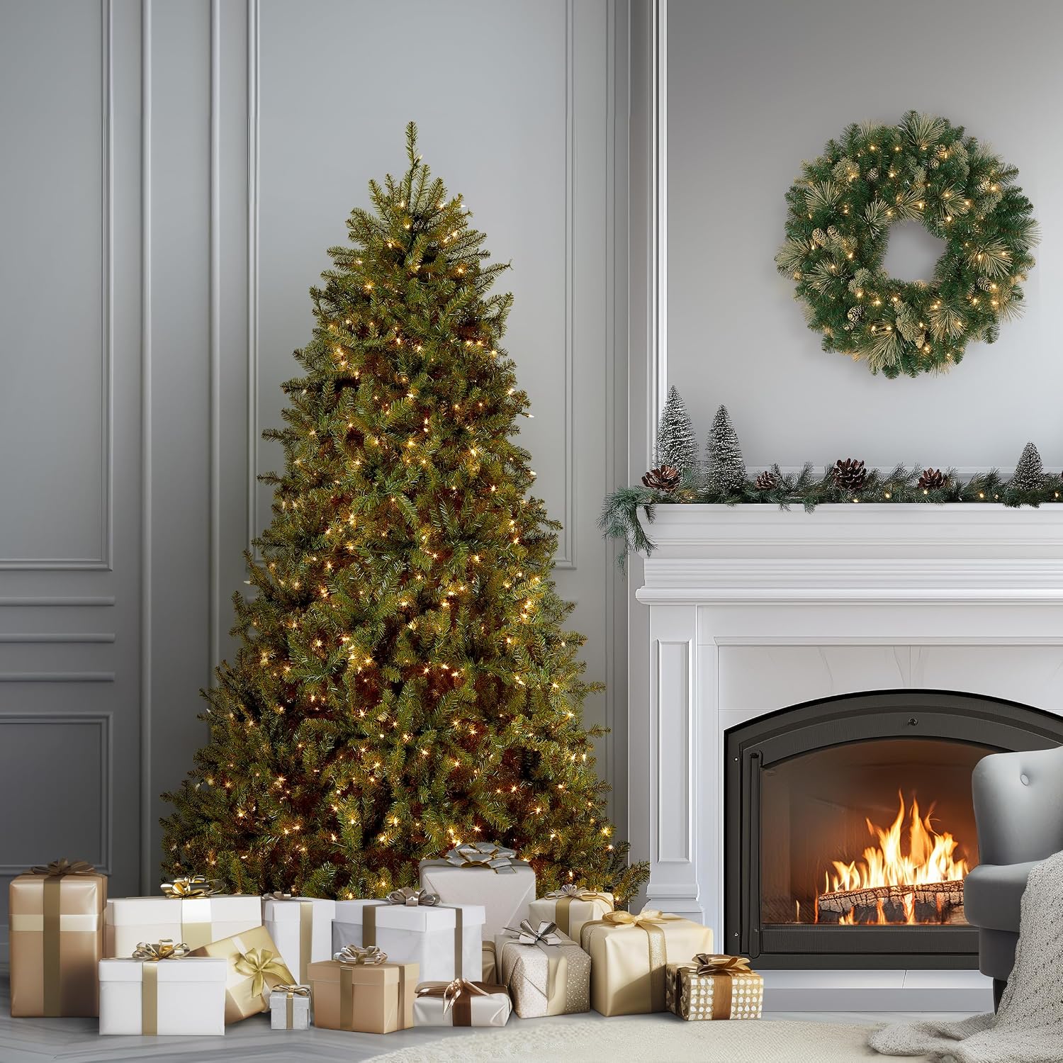 National Tree Company 7ft Pre-Lit Dunhill Fir Artificial Christmas Tree | 700 Clear Lights, 2,144 Tips, Includes Stand, Green