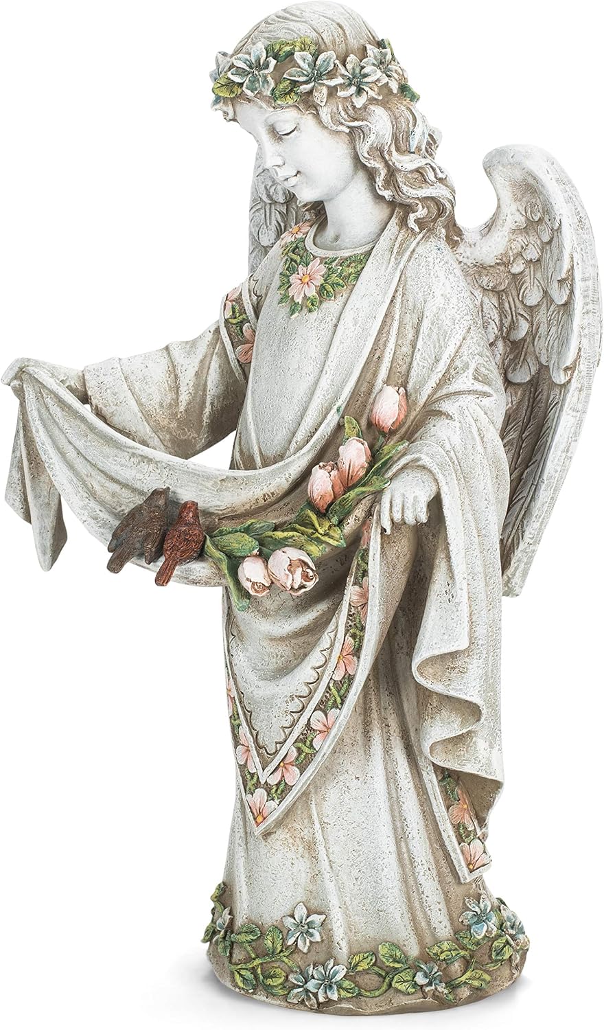 Roman Josephs Studio Inspirational Girl Angel Wearing Floral Trimmed Gown with Birds Garden Statue, 16.5-Inch