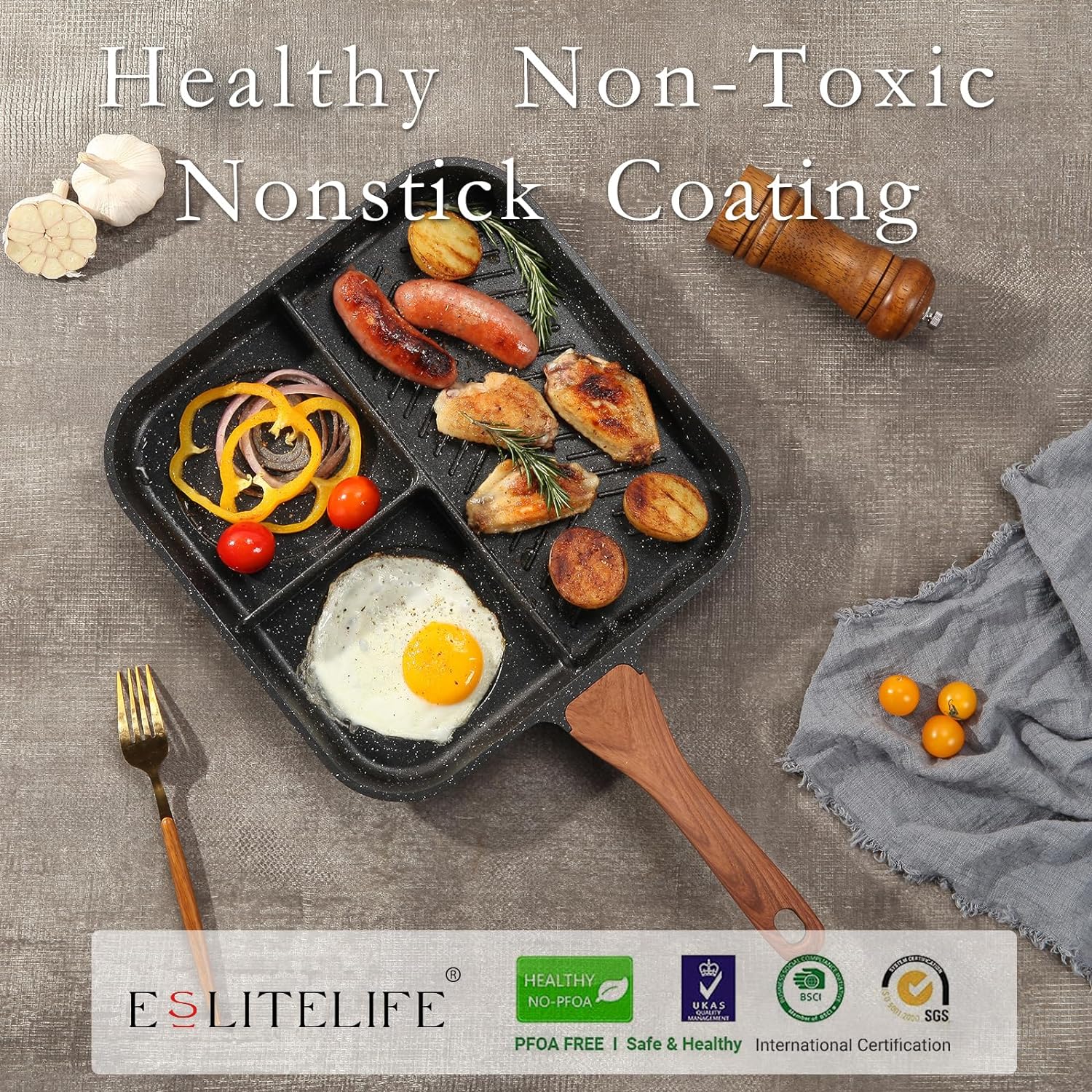 ESLITE LIFE Nonstick Grill Pan for Stove Tops, Versatile Griddle with Pour Spouts
