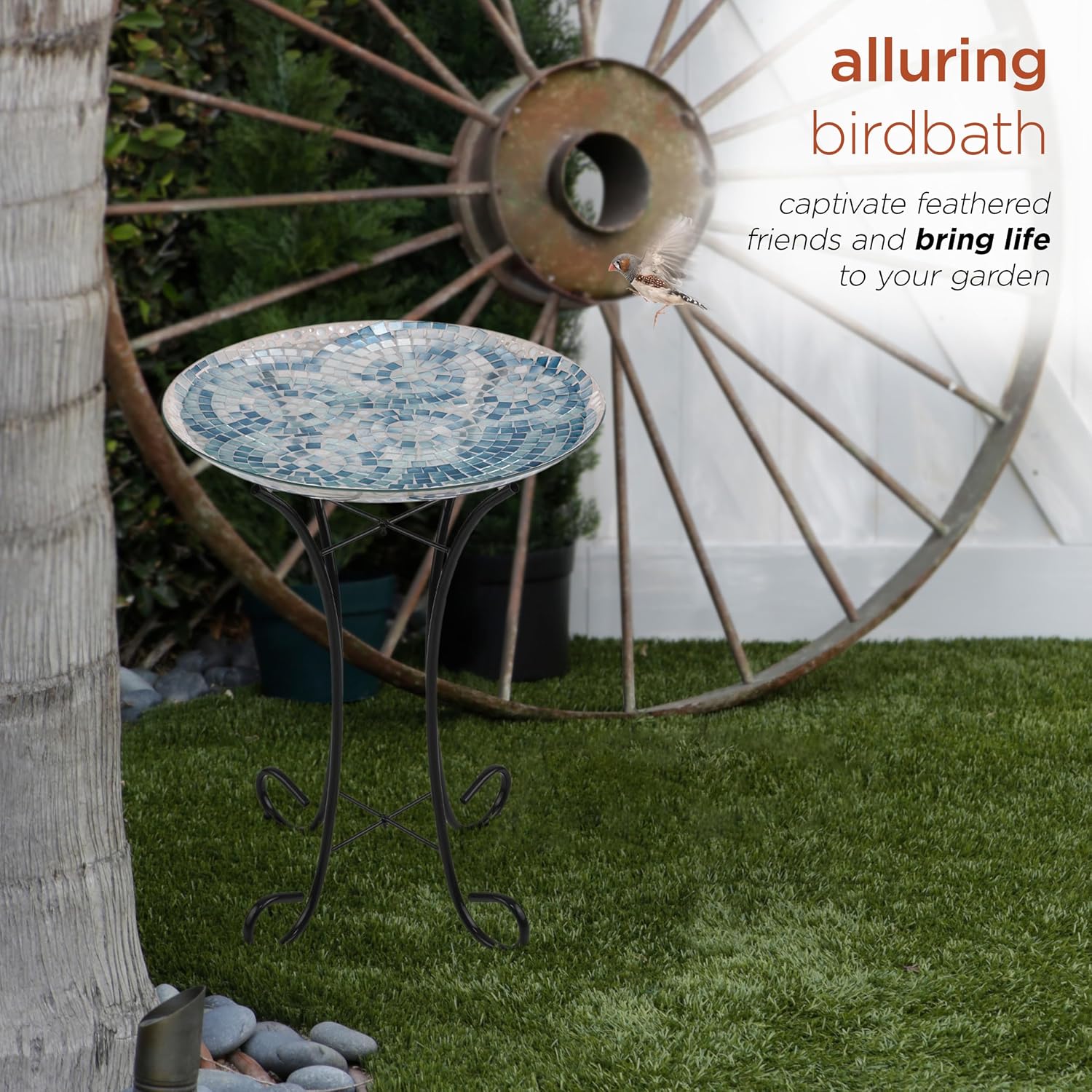 Alpine Corporation 24" Tall Outdoor Floral Mosaic Glass Birdbath with Metal Stand and Detachable 18 Inch Diameter Bowl, Garden Decor