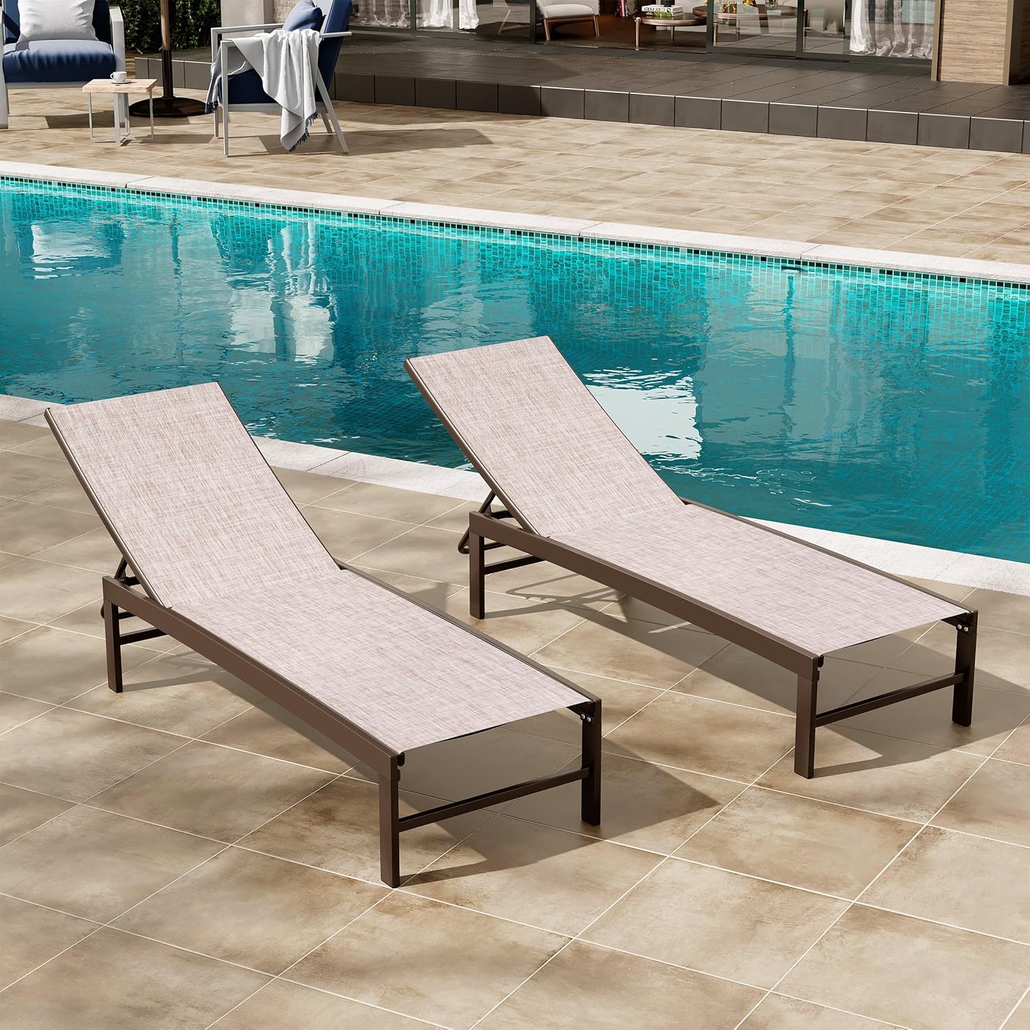 Crestlive Products Outdoor Pool Lounge Chairs Set of 2 with Side Table, Adjustable Five-Position Recliner for Beach, Pool, Sunbathing, Lawn
