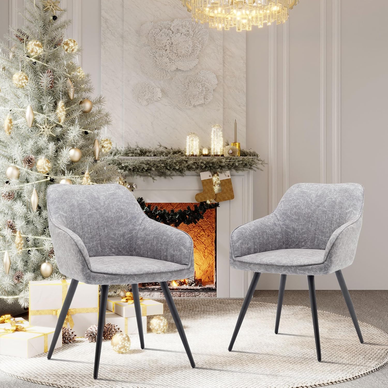 annjoe Faux Leather Accent Arm Chairs for Living Room Leisures/ Upholstered Chair with Metal Legs Set of 2 for Home Kitchen Office Bistro Cafe, Brown