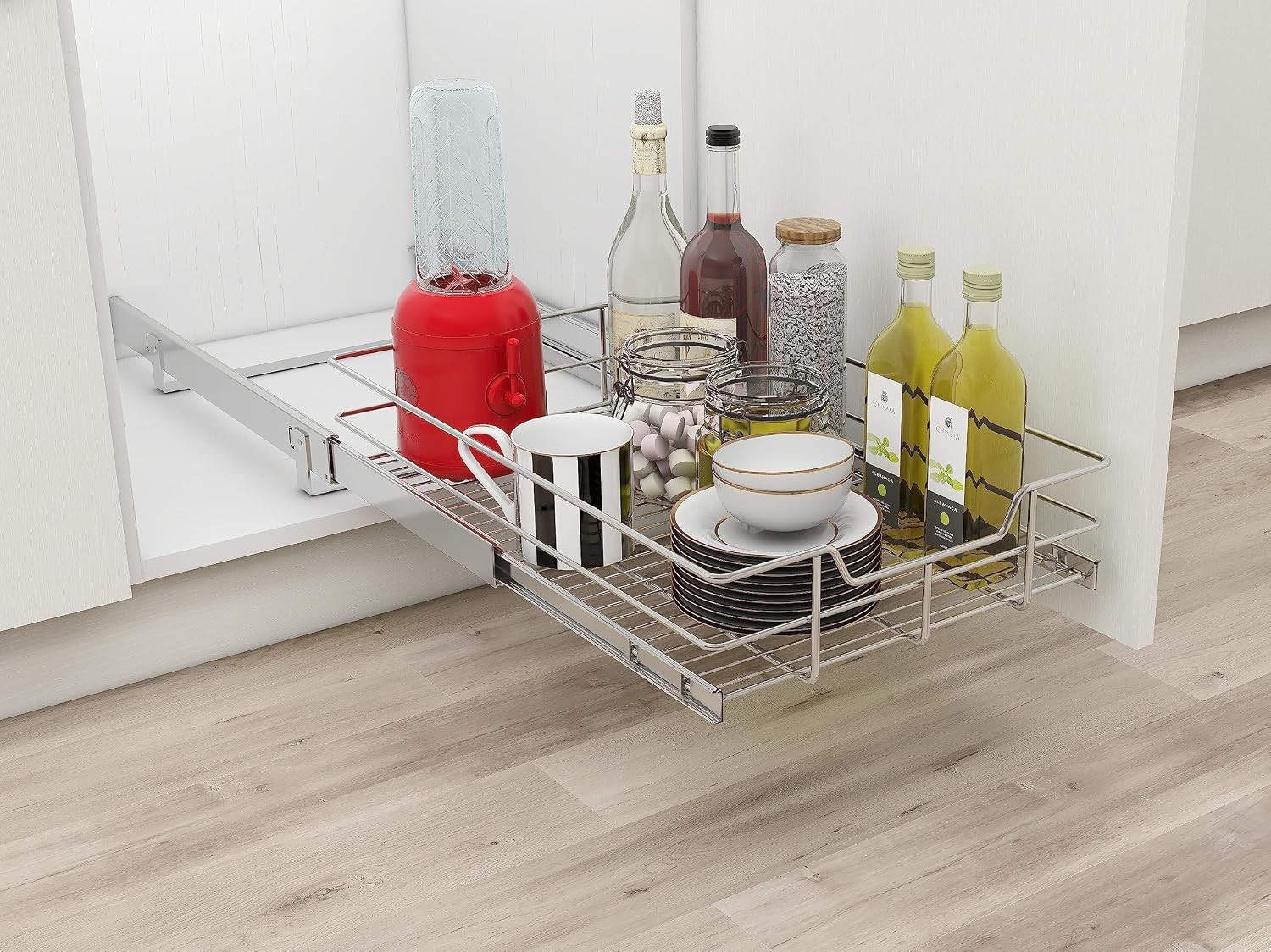 2 Tier Pull Out Cabinet Organizer 11" W X 22" D, Chromed, Full Slide Out