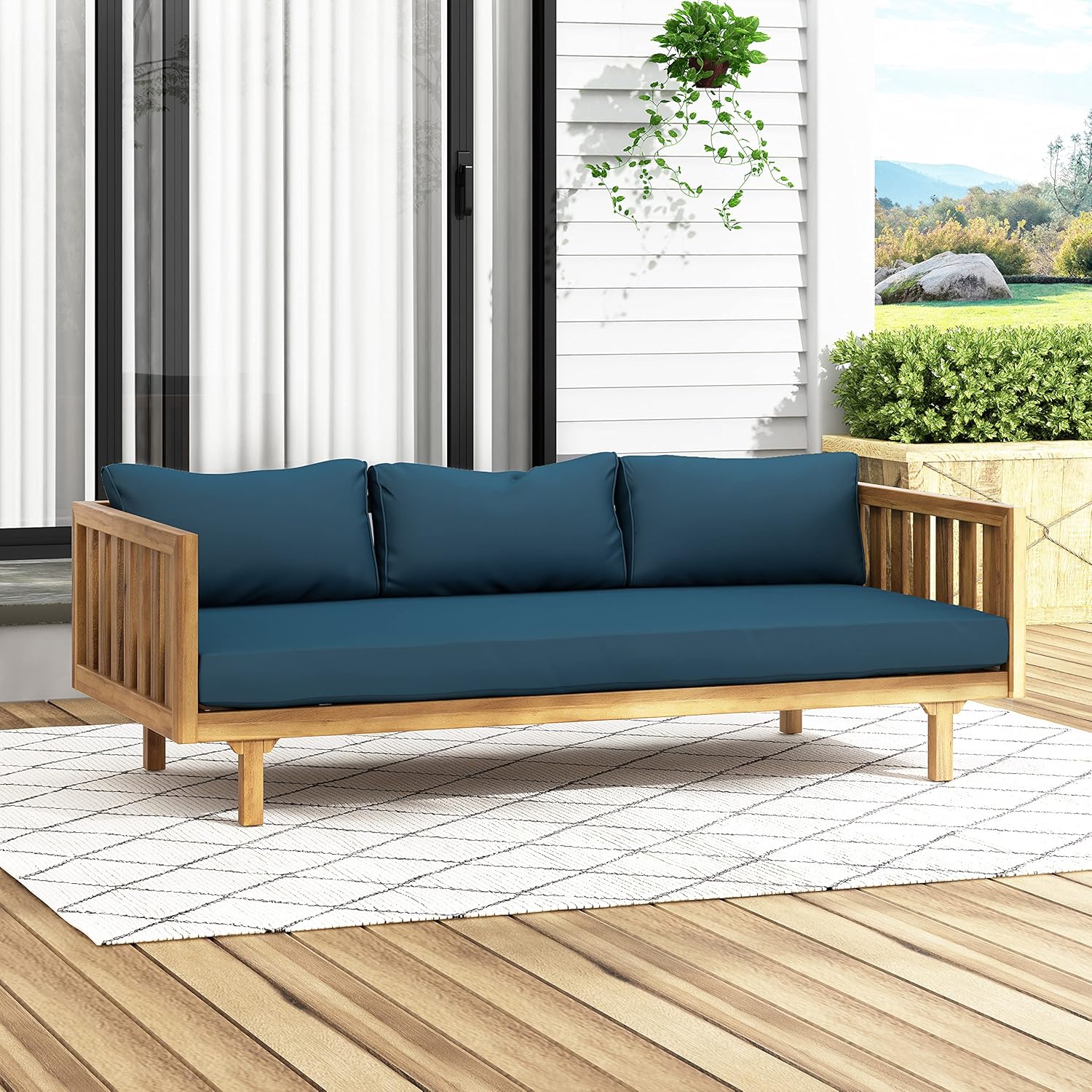 Christopher Knight Home Tina Outdoor 3 Seater Acacia Wood Daybed, Teak Finish, Light Grey