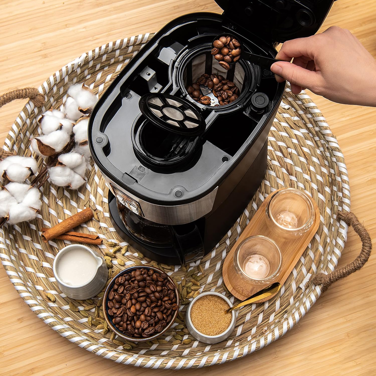 Mixpresso 5-Cup Drip Coffee Maker, Automatic Brew Coffee Pot Machine with Built-In Burr Coffee Grinder